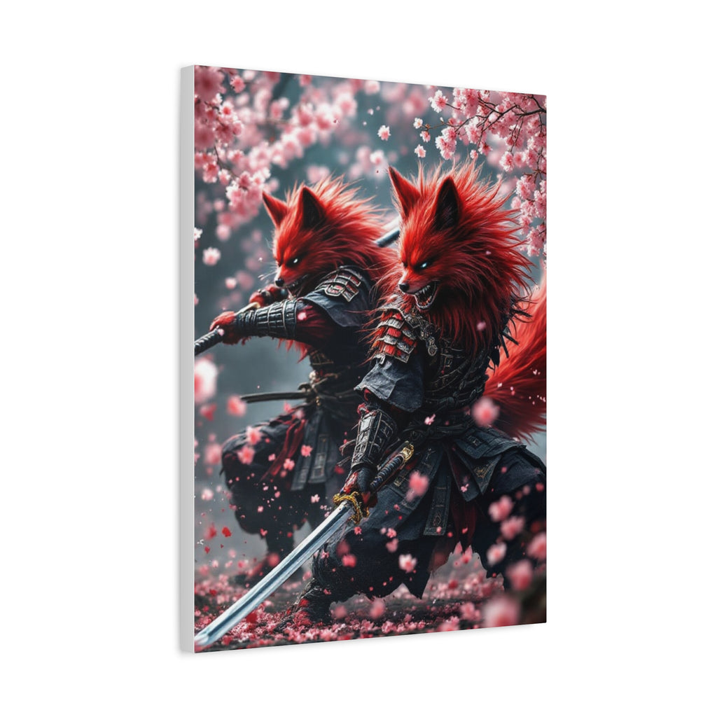 Fox Samurai Canvas Print — Red Kitsune Warriors with Cherry Blossoms