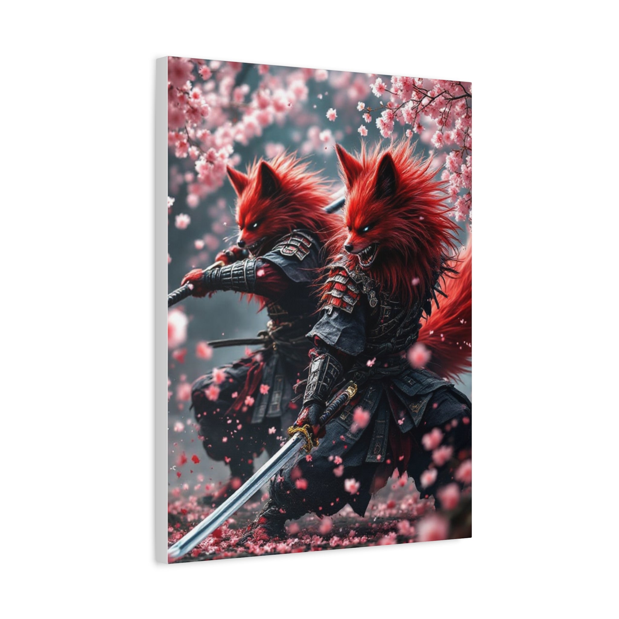 Fox Samurai Canvas Print — Red Kitsune Warriors with Cherry Blossoms