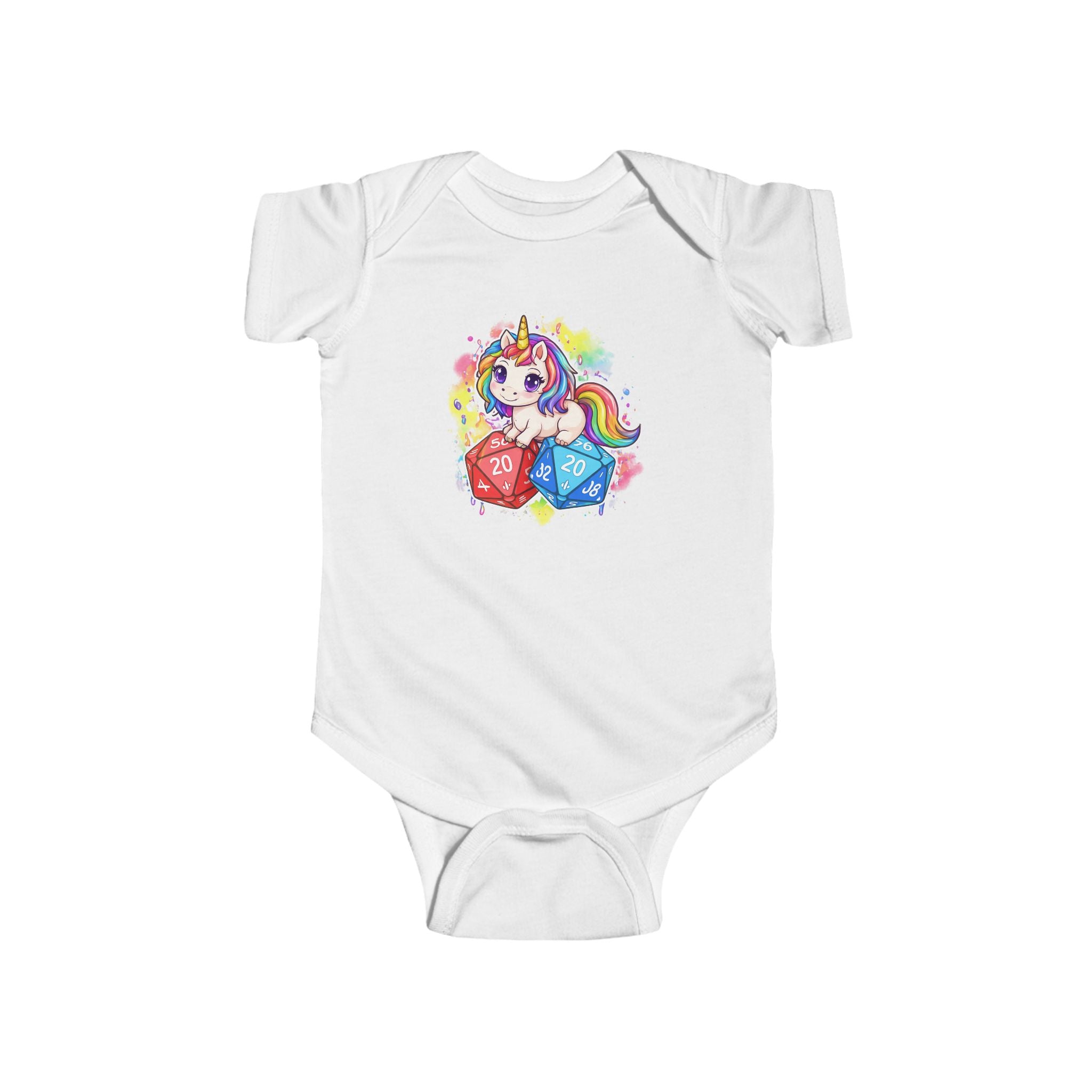 Unicorn with Rainbow and D20 Dice Infant Bodysuit | RPG Baby Onesie