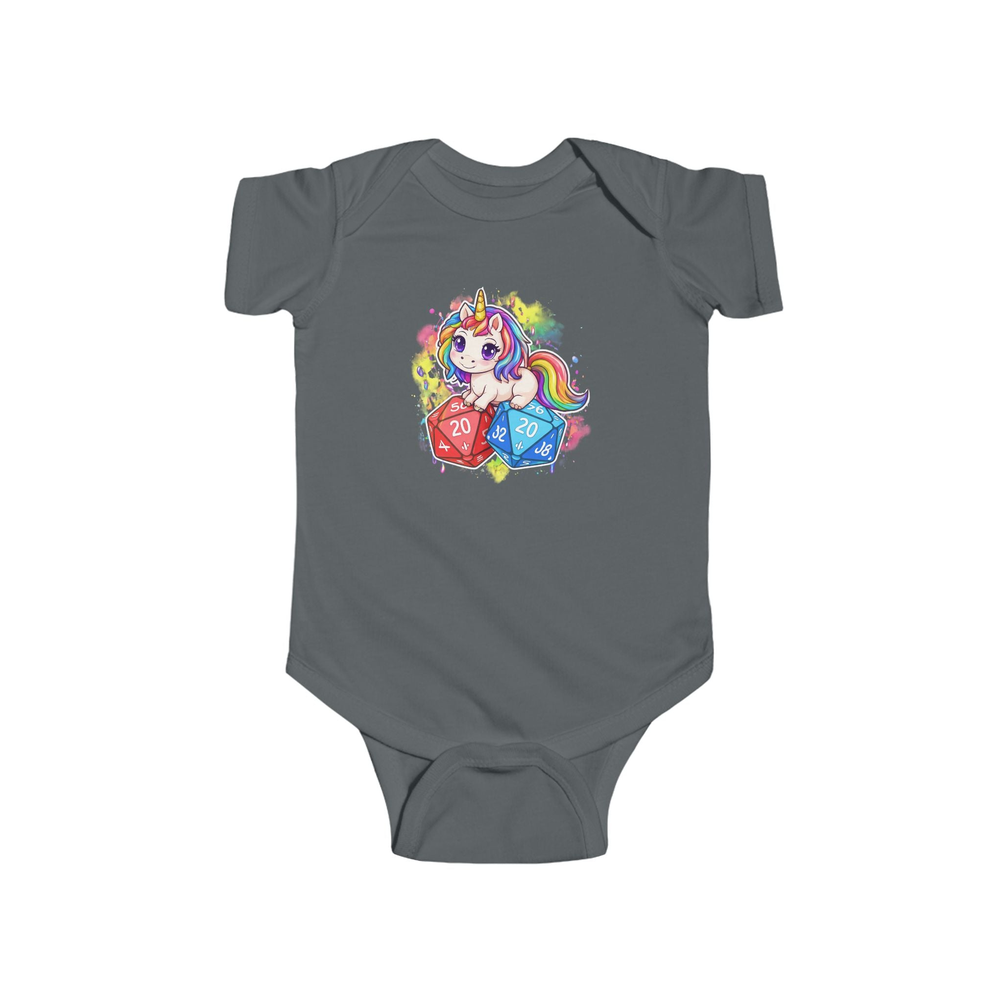 Unicorn with Rainbow and D20 Dice Infant Bodysuit | RPG Baby Onesie