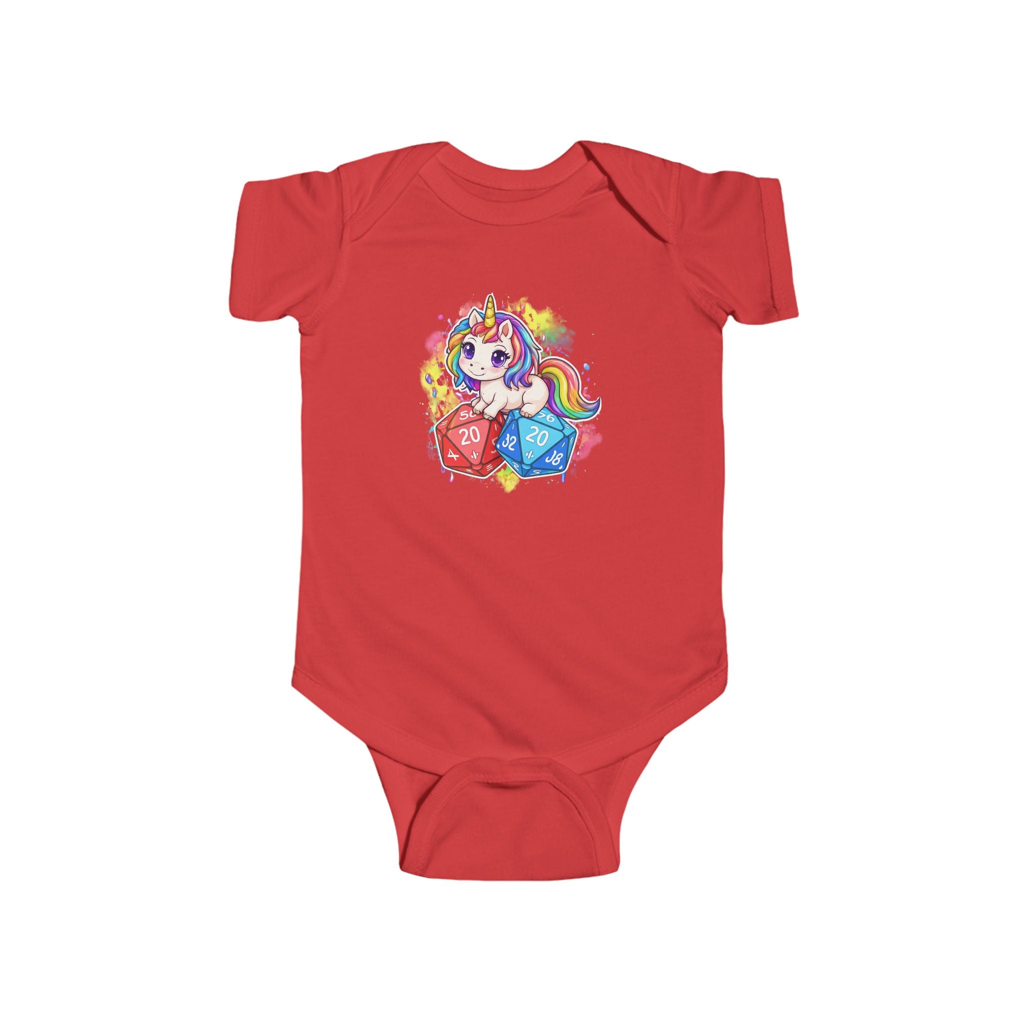Unicorn with Rainbow and D20 Dice Infant Bodysuit | RPG Baby Onesie