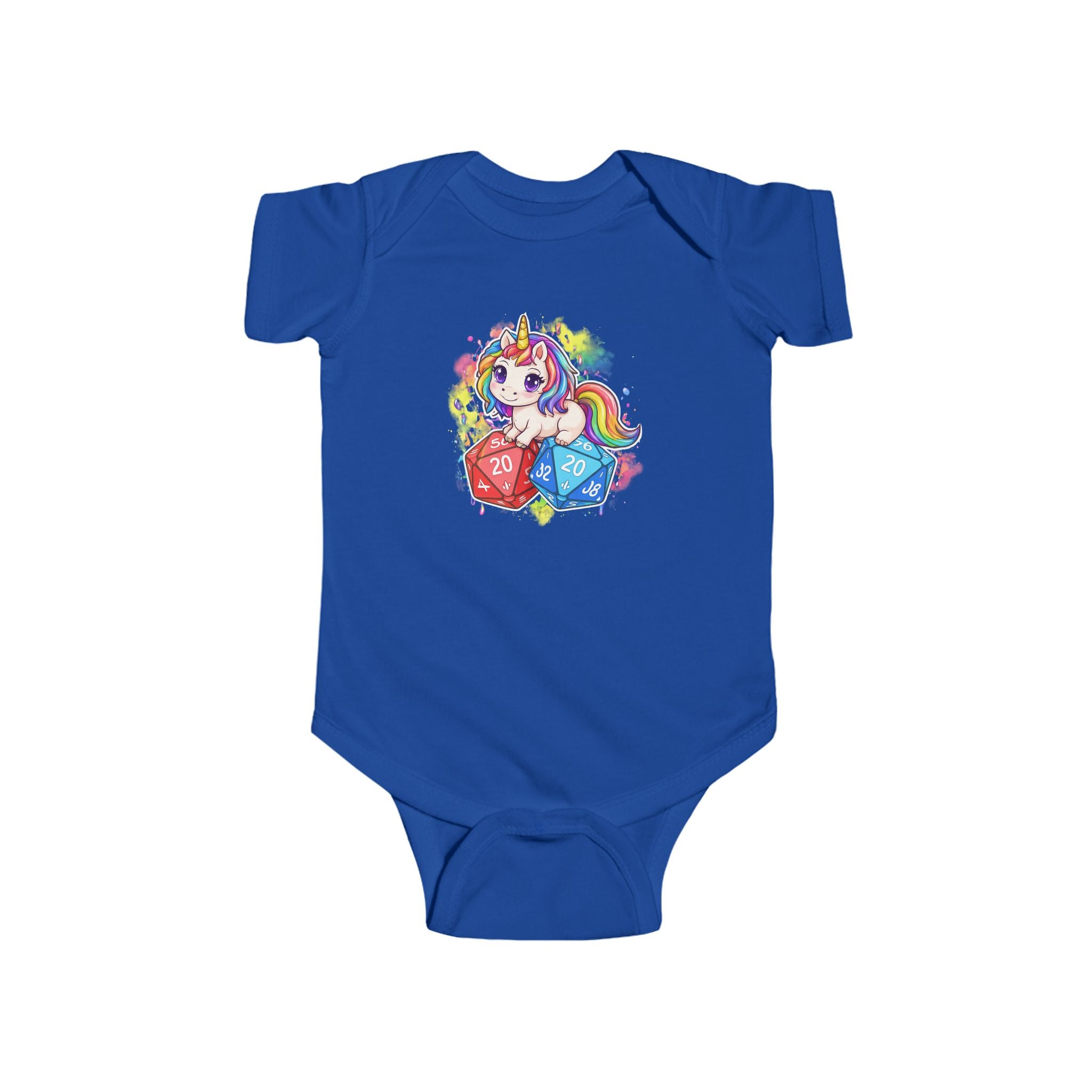 Unicorn with Rainbow and D20 Dice Infant Bodysuit | RPG Baby Onesie