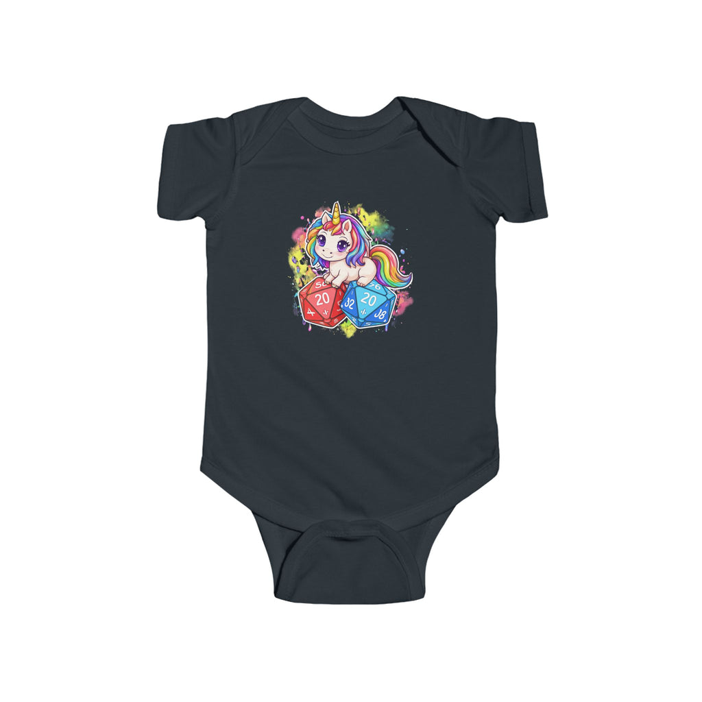 Unicorn with Rainbow and D20 Dice Infant Bodysuit | RPG Baby Onesie