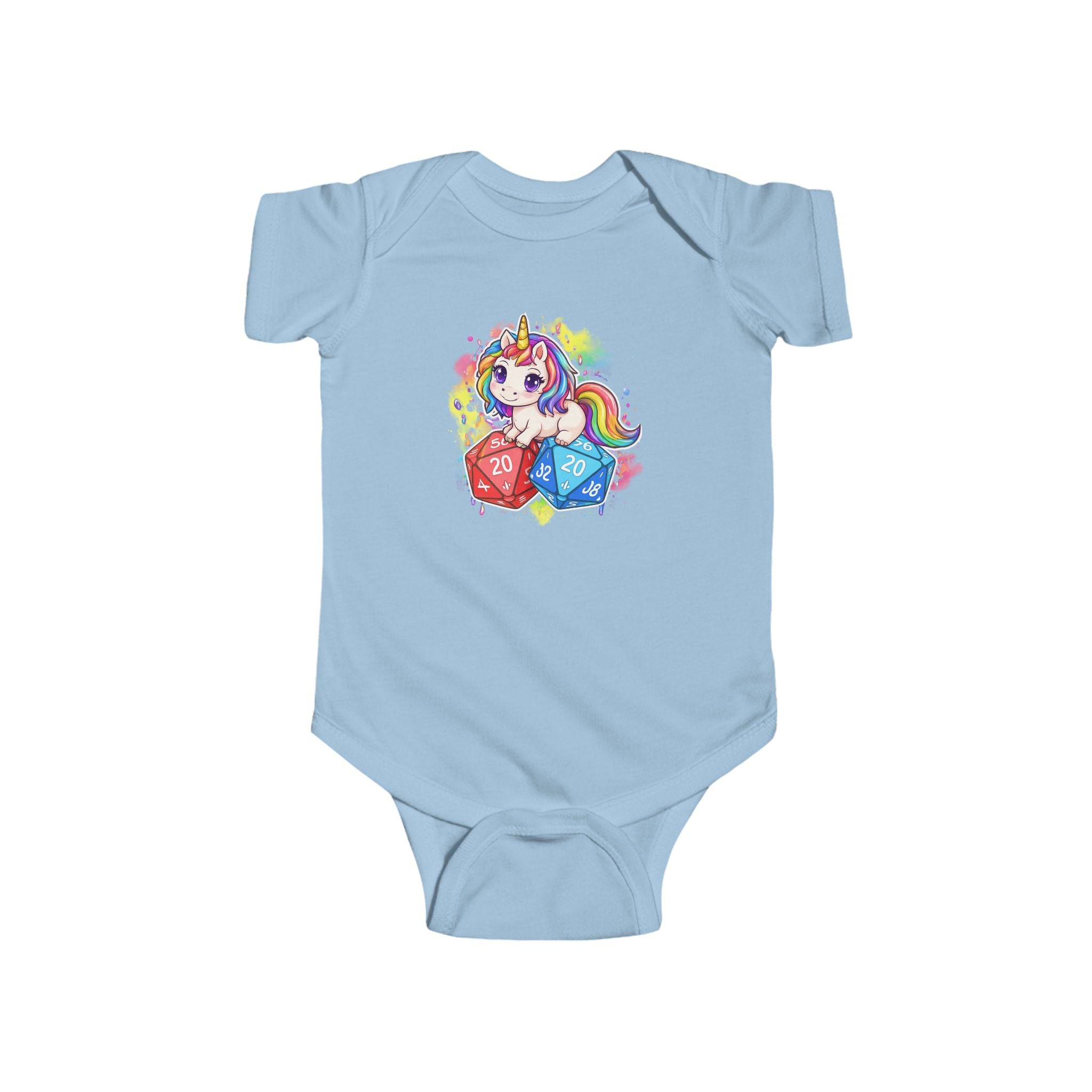 Unicorn with Rainbow and D20 Dice Infant Bodysuit | RPG Baby Onesie