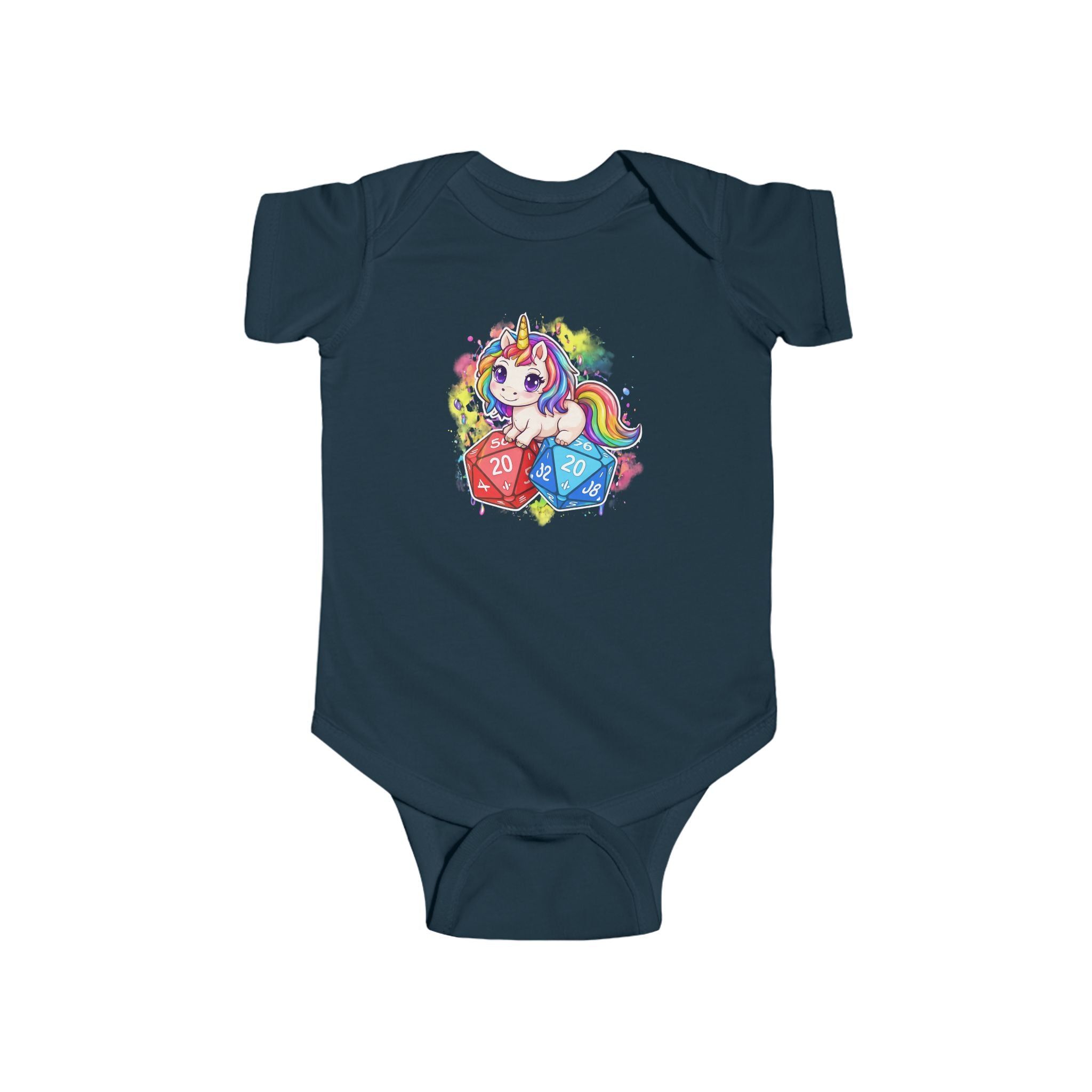 Unicorn with Rainbow and D20 Dice Infant Bodysuit | RPG Baby Onesie