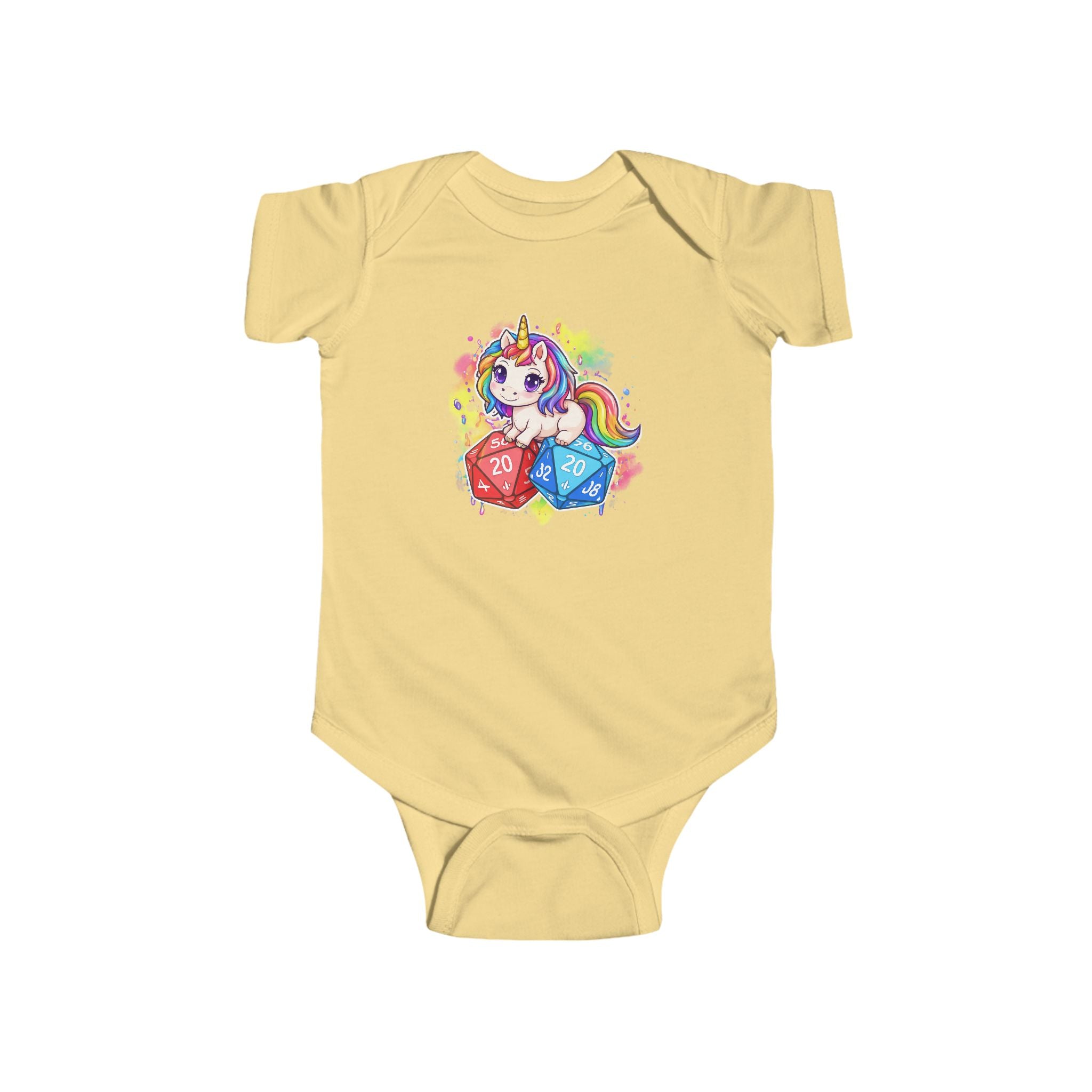 Unicorn with Rainbow and D20 Dice Infant Bodysuit | RPG Baby Onesie