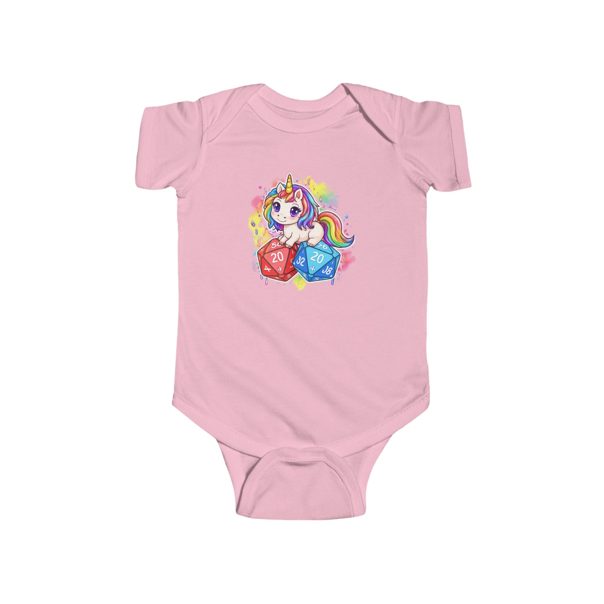 Unicorn with Rainbow and D20 Dice Infant Bodysuit | RPG Baby Onesie