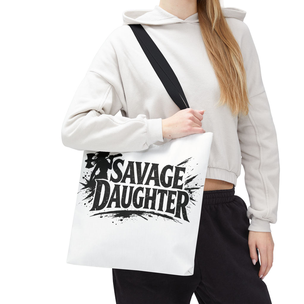 Savage Daughter Tote Bag | Black Typography, Silhouette Design