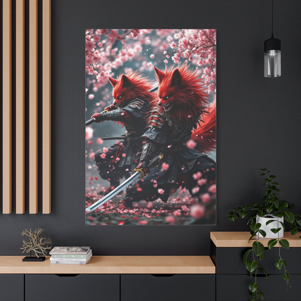 Fox Samurai Canvas Print — Red Kitsune Warriors with Cherry Blossoms