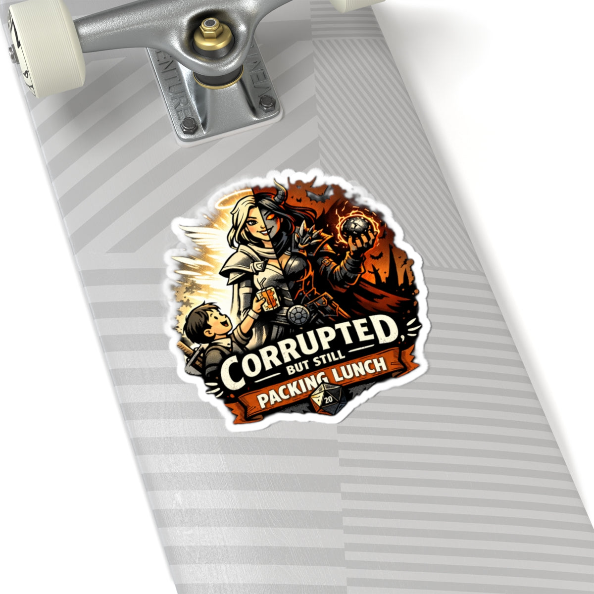 Corrupted But Still Packing Lunch Sticker | RPG Paladin vs Demon Illustration