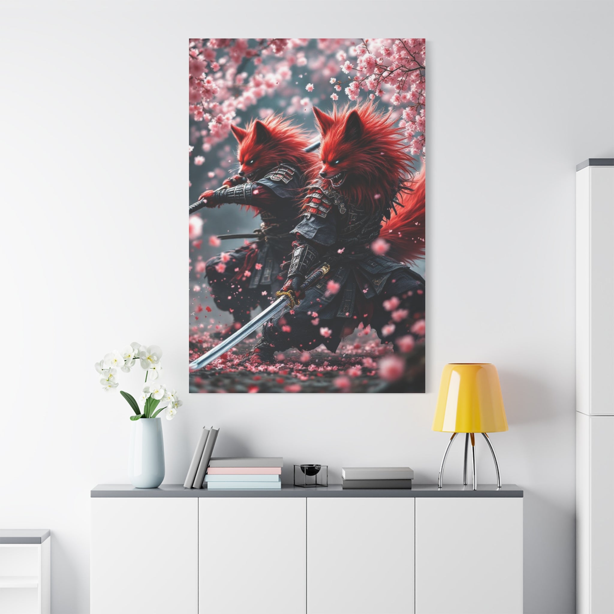 Fox Samurai Canvas Print — Red Kitsune Warriors with Cherry Blossoms
