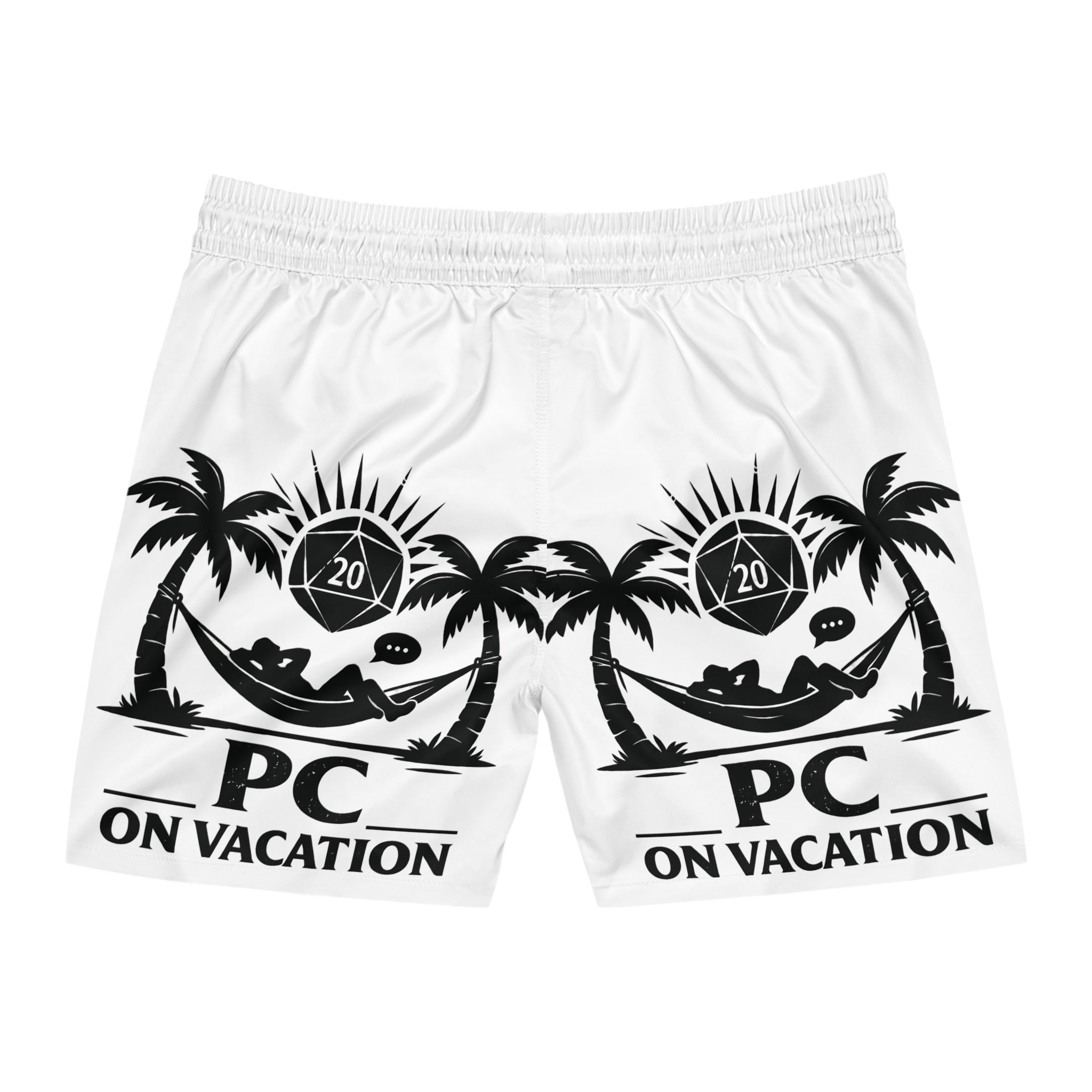 PC on Vacation Swim Shorts | Palm Trees Hammock D20 Dice Graphic