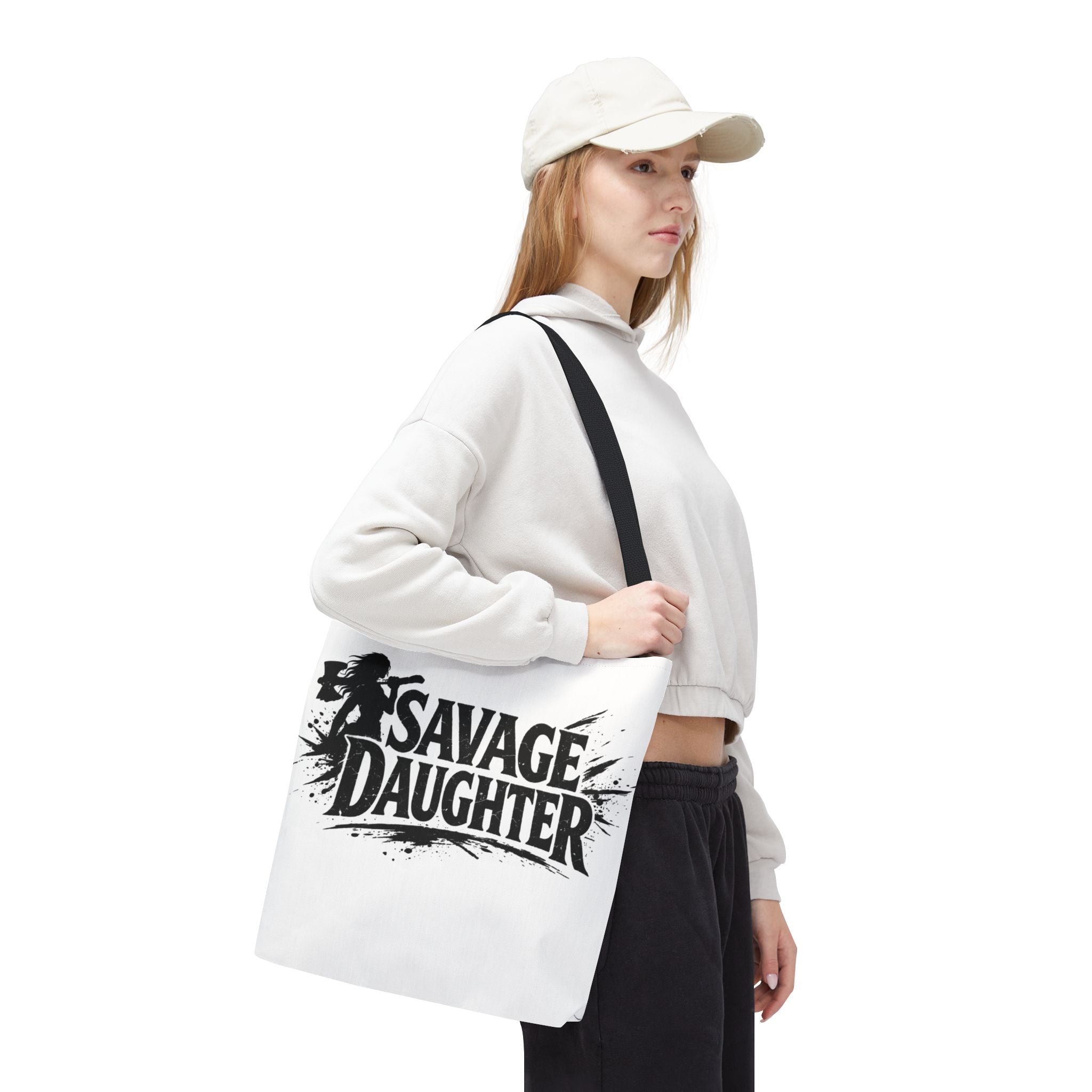Savage Daughter Tote Bag | Black Typography, Silhouette Design
