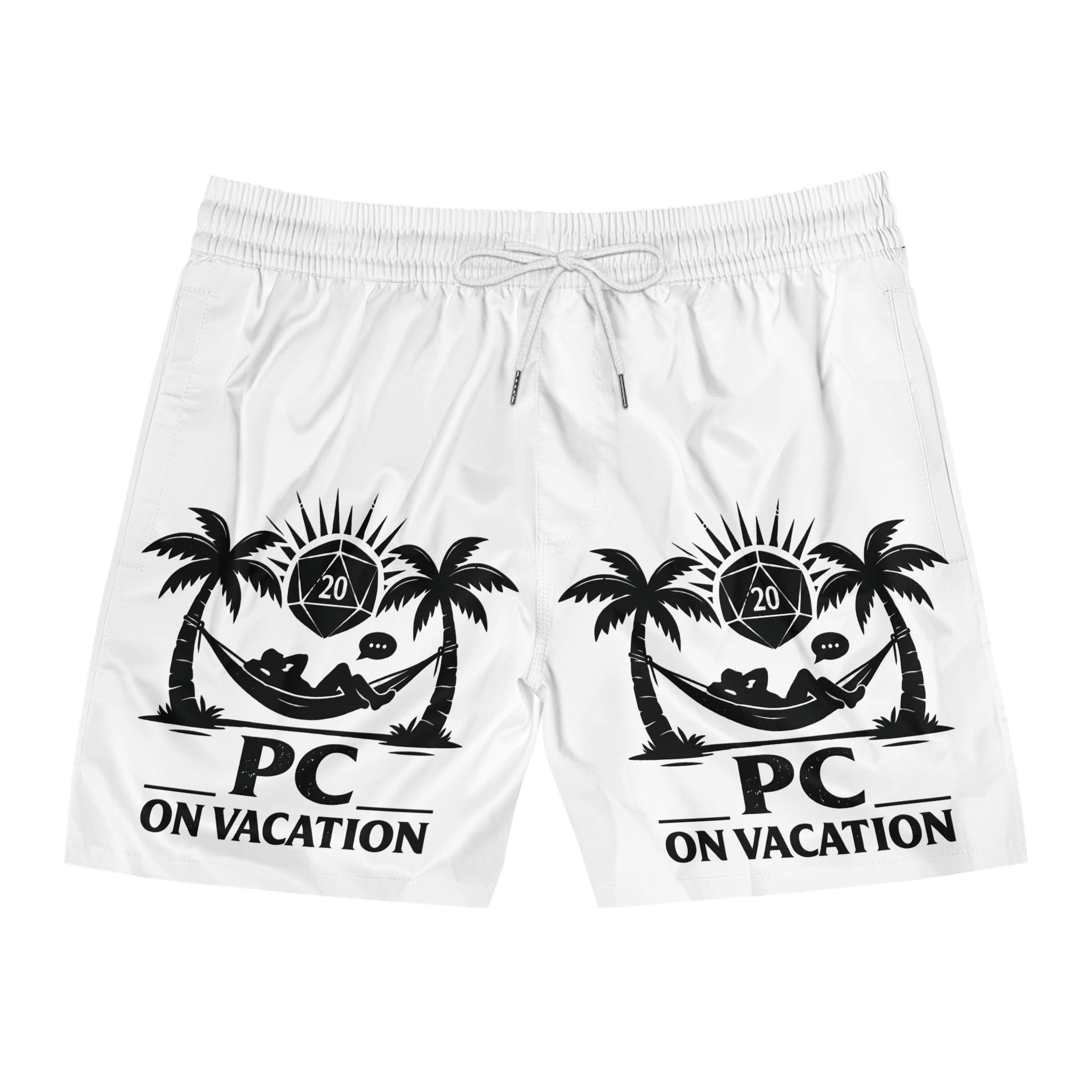 PC on Vacation Swim Shorts | Palm Trees Hammock D20 Dice Graphic