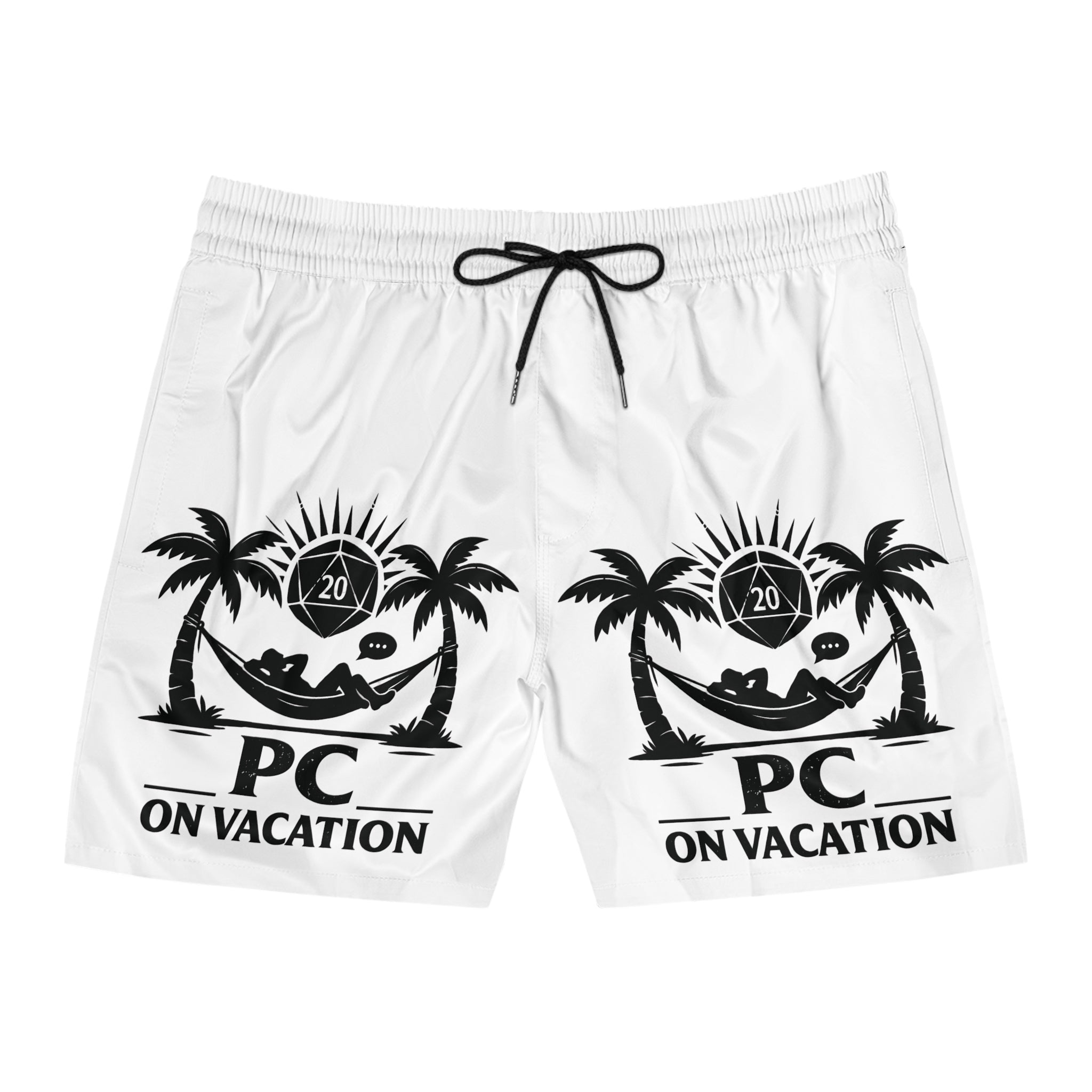 PC on Vacation Swim Shorts | Palm Trees Hammock D20 Dice Graphic
