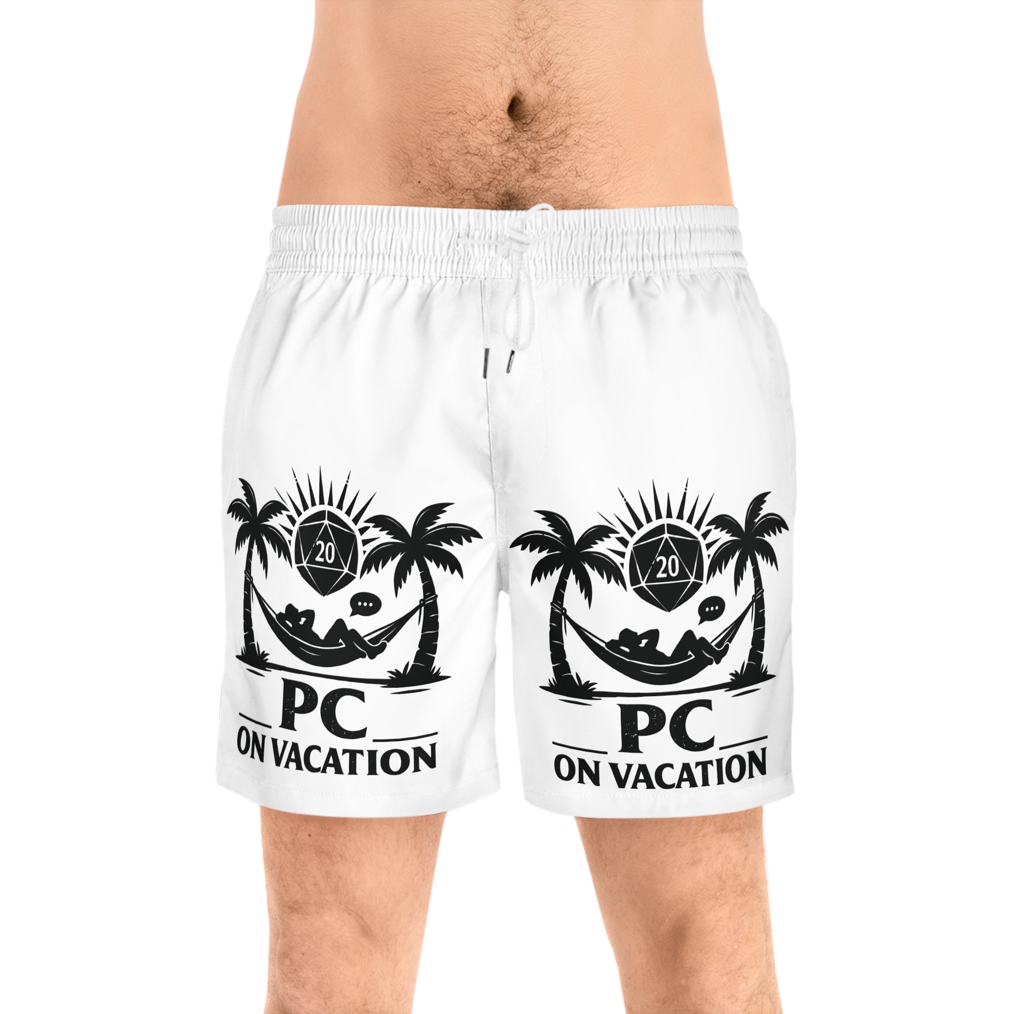 PC on Vacation Swim Shorts | Palm Trees Hammock D20 Dice Graphic