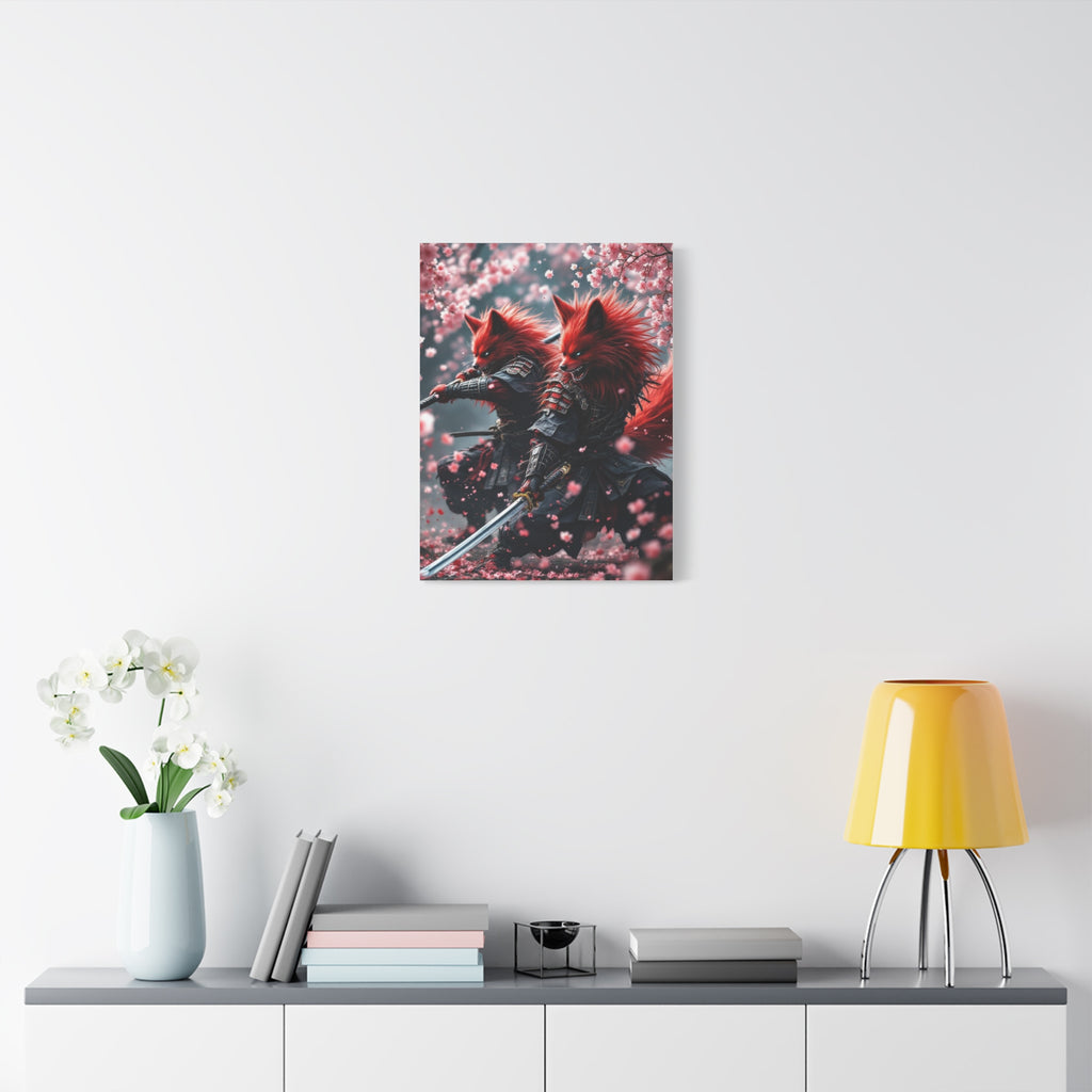 Fox Samurai Canvas Print — Red Kitsune Warriors with Cherry Blossoms