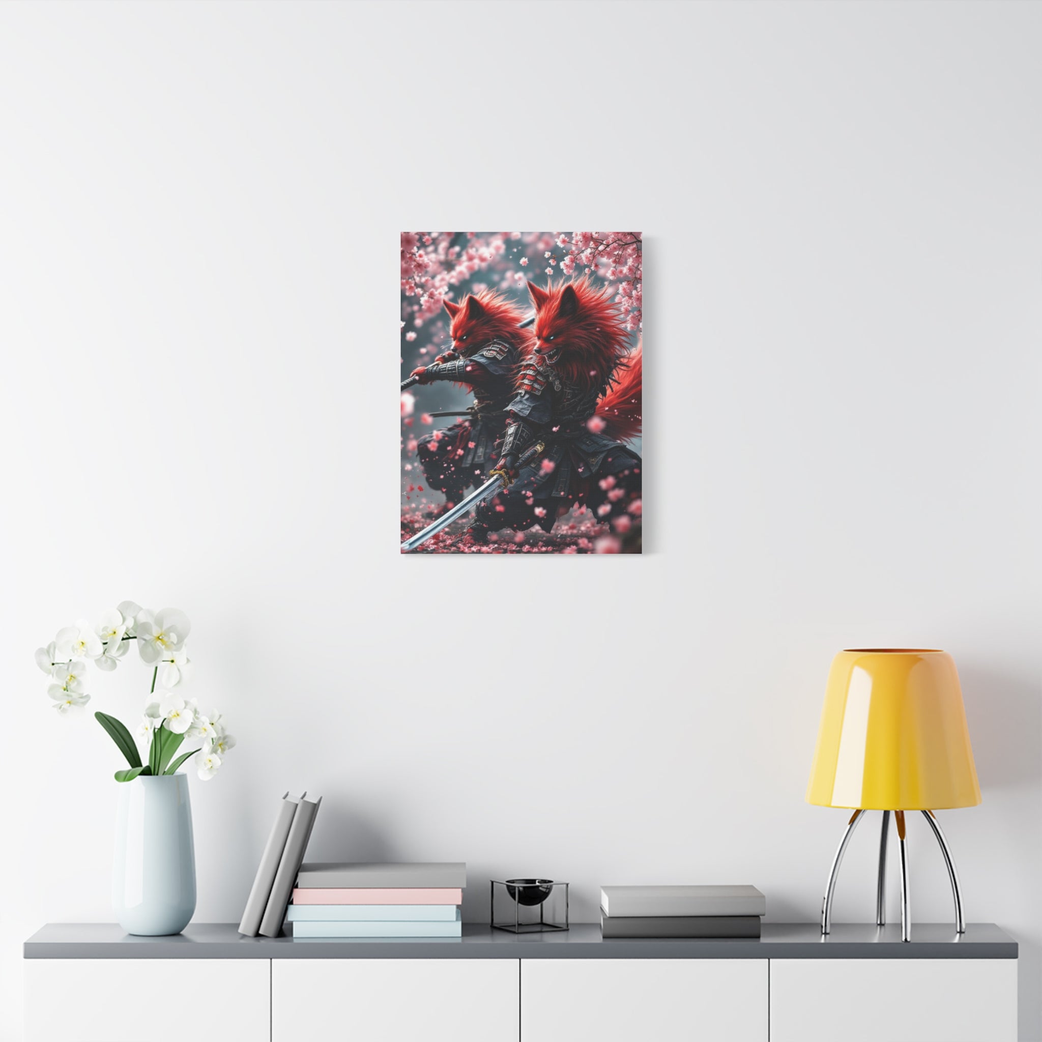 Fox Samurai Canvas Print — Red Kitsune Warriors with Cherry Blossoms