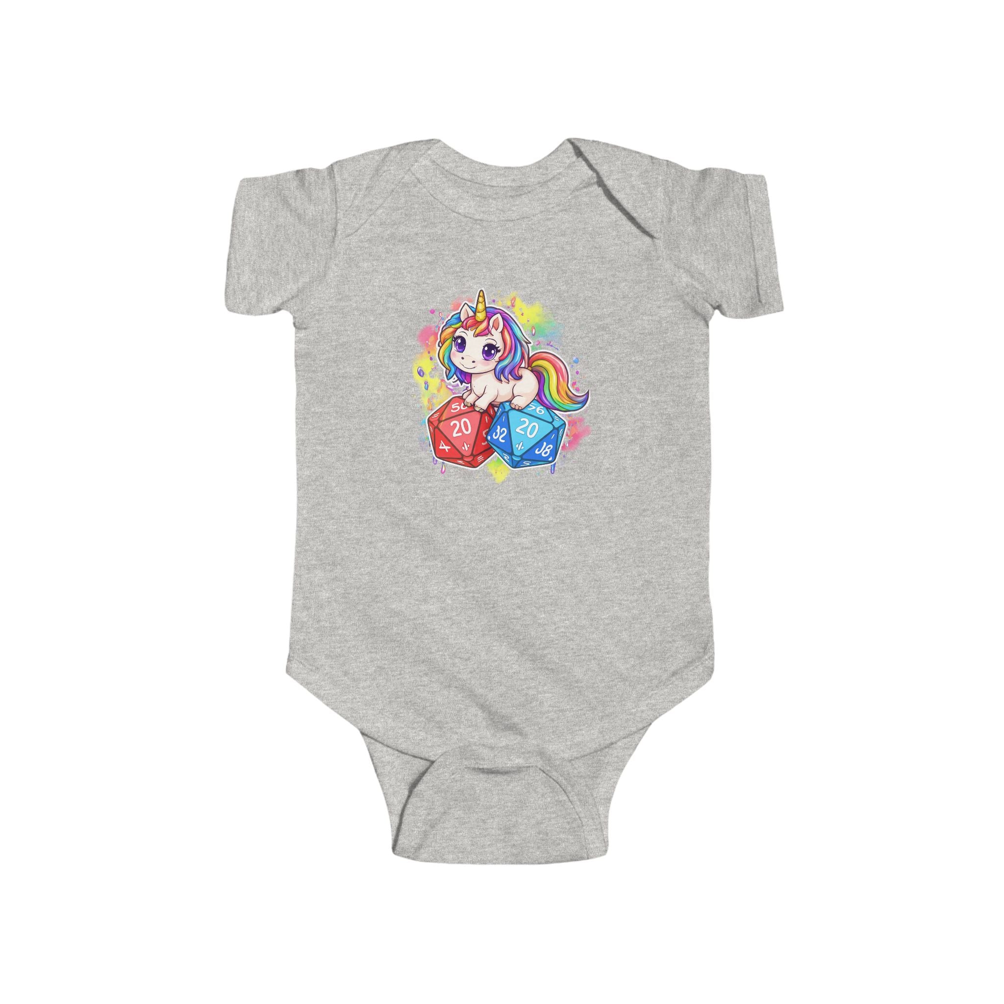Unicorn with Rainbow and D20 Dice Infant Bodysuit | RPG Baby Onesie