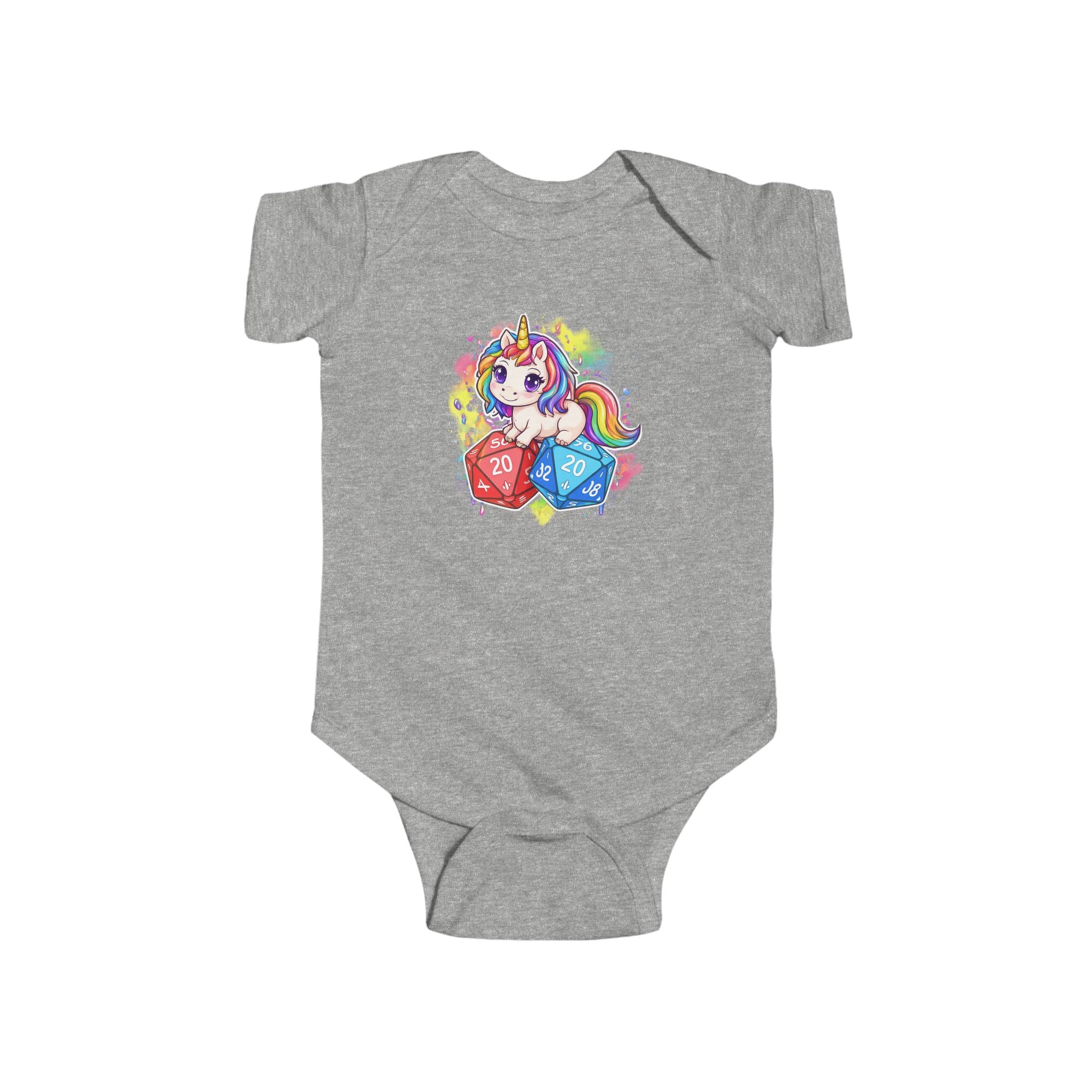 Unicorn with Rainbow and D20 Dice Infant Bodysuit | RPG Baby Onesie