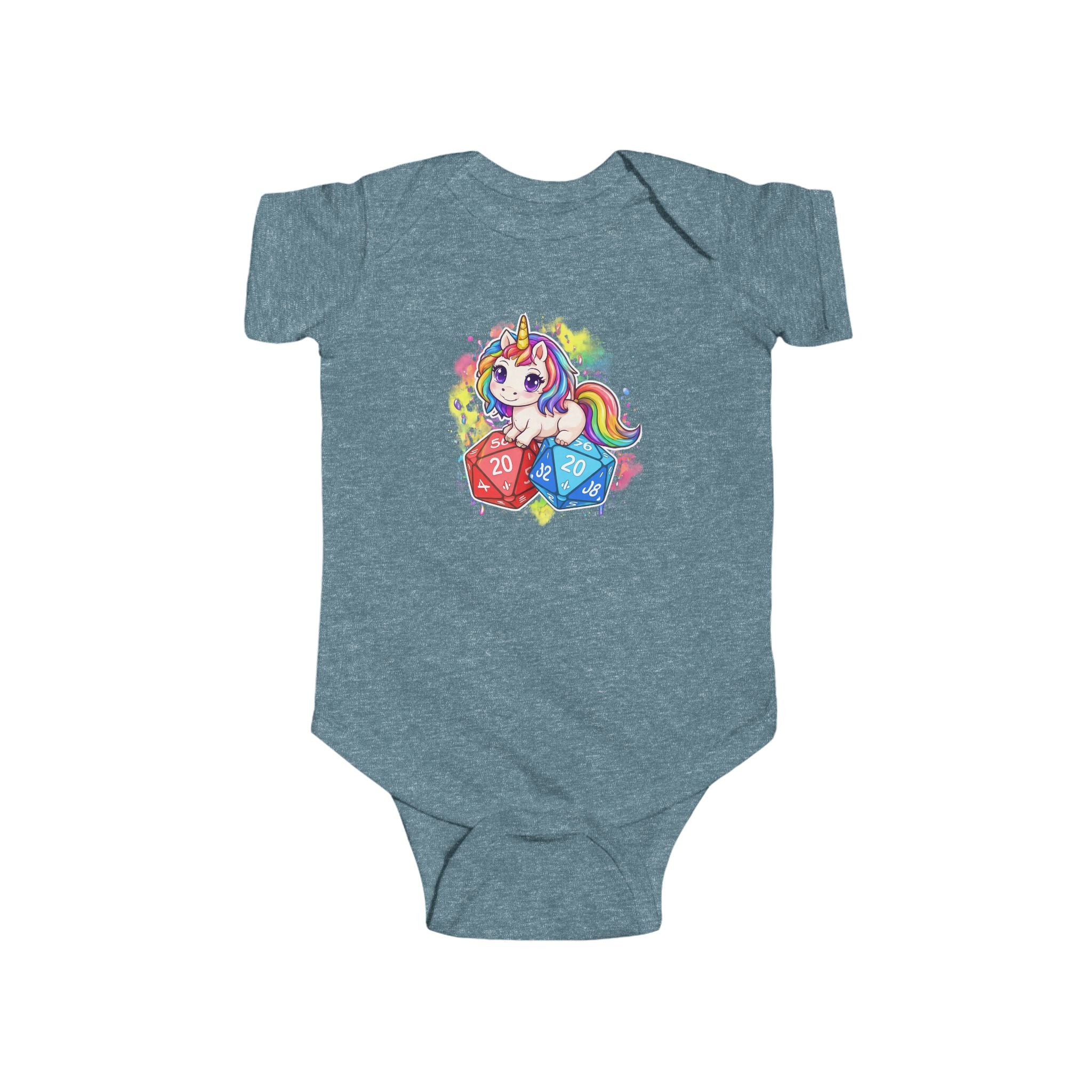 Unicorn with Rainbow and D20 Dice Infant Bodysuit | RPG Baby Onesie