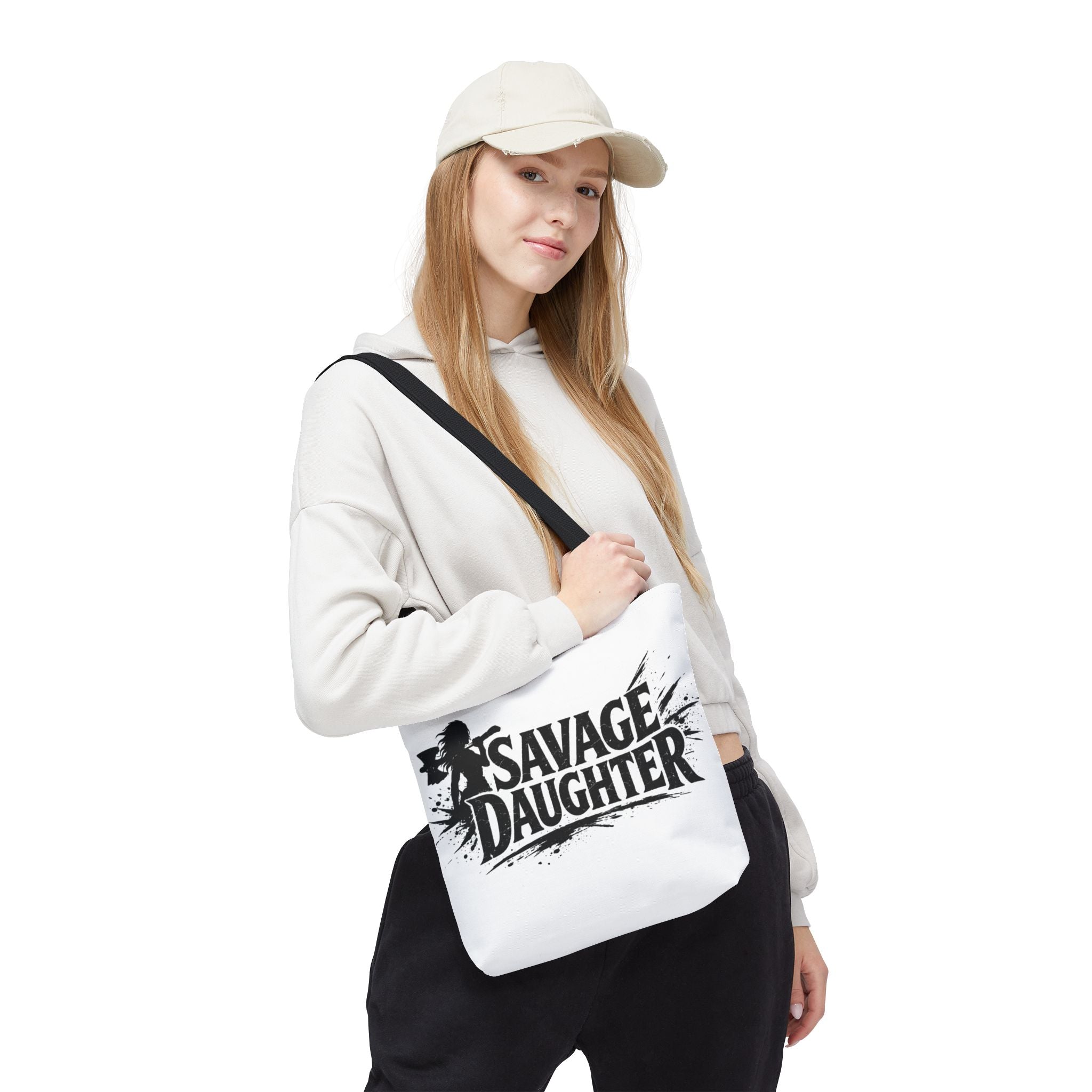Savage Daughter Tote Bag | Black Typography, Silhouette Design