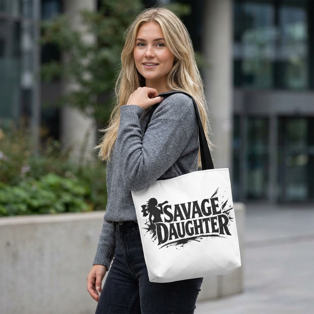 Savage Daughter Tote Bag | Black Typography, Silhouette Design