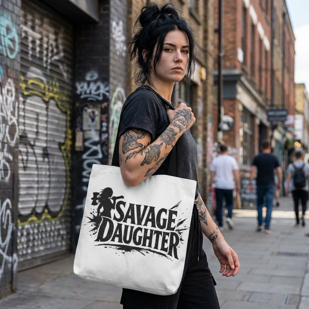 Savage Daughter Tote Bag | Black Typography, Silhouette Design