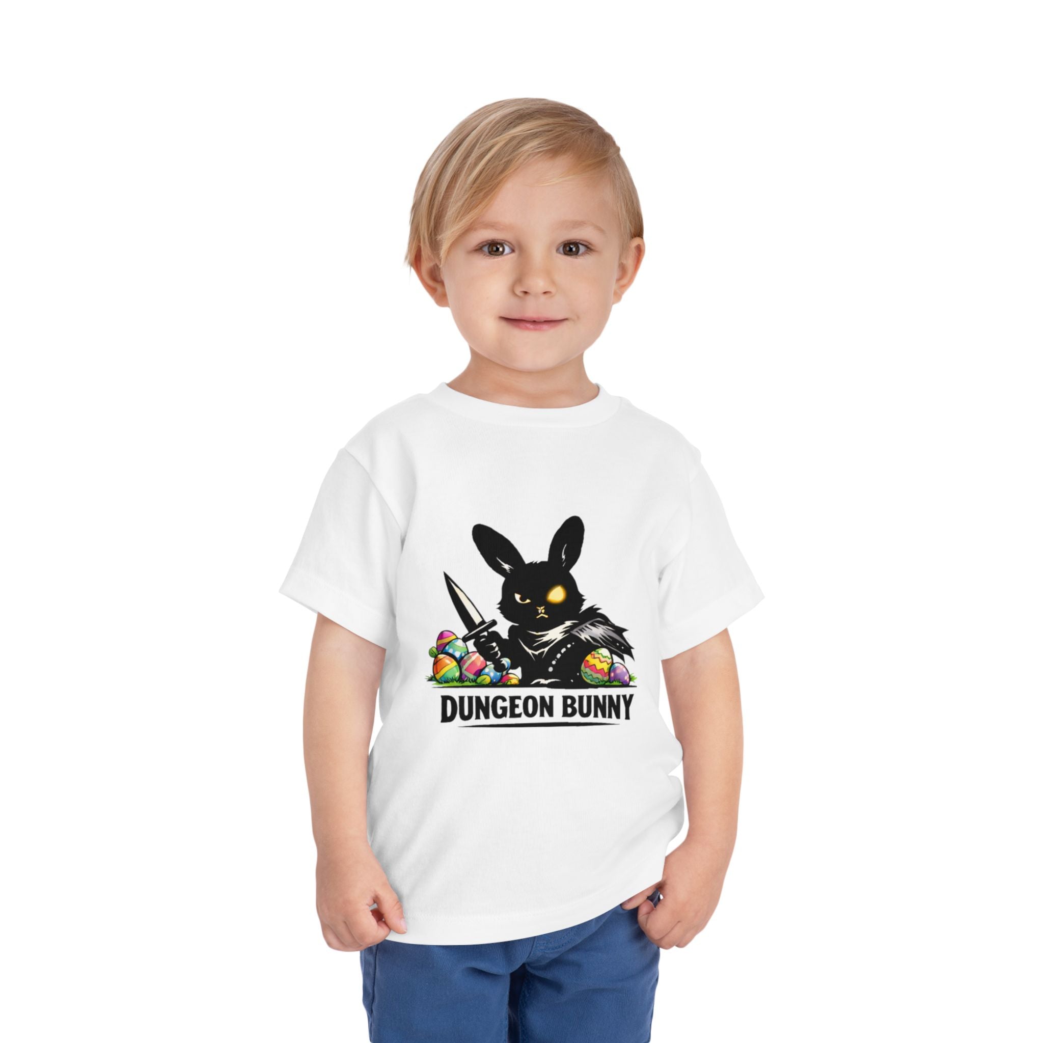 Dungeon Bunny Toddler Tee | Cute Black Bunny with Sword and Eggs
