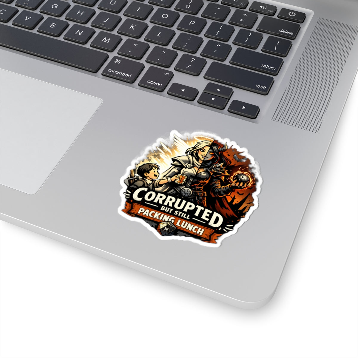 Corrupted But Still Packing Lunch Sticker | RPG Paladin vs Demon Illustration