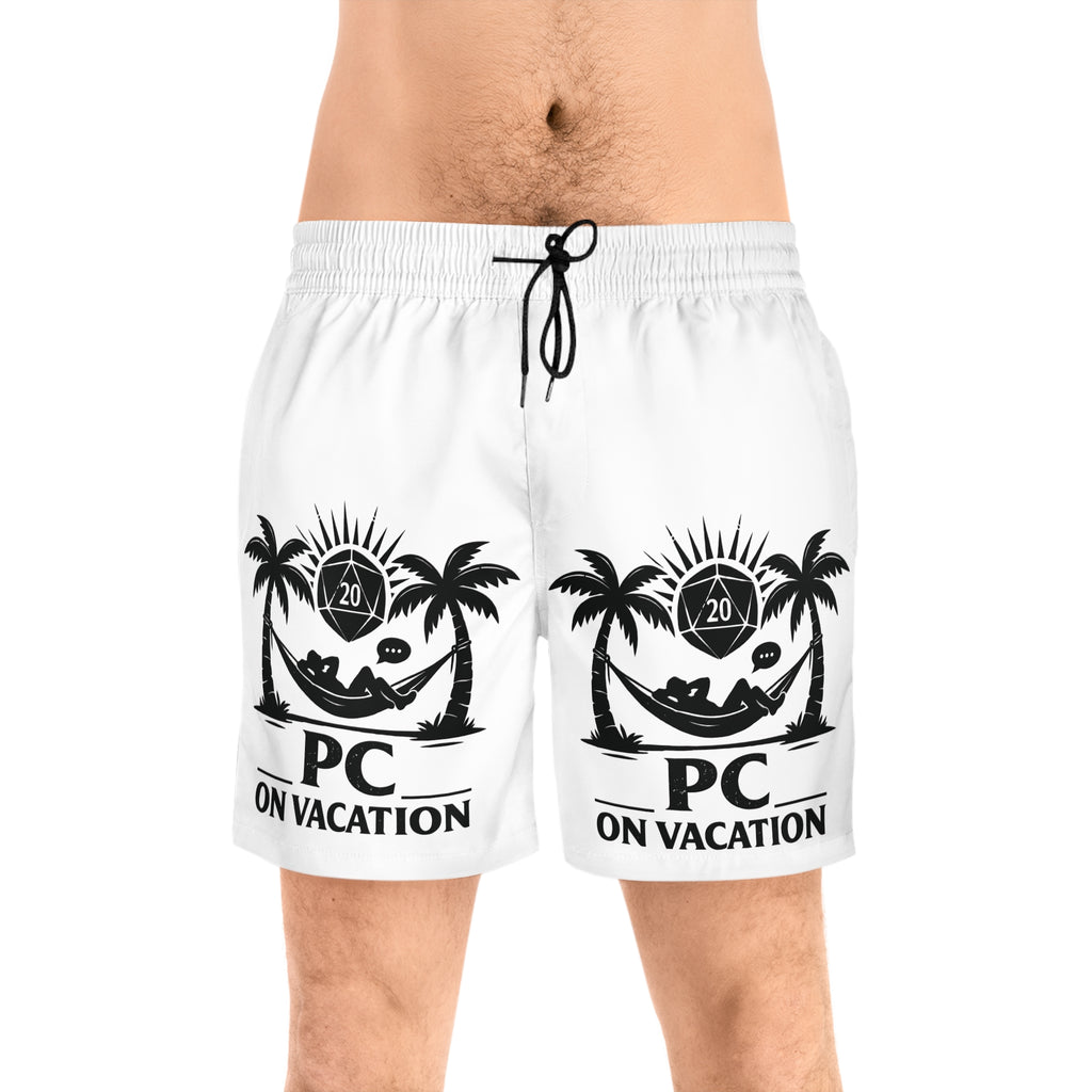 PC on Vacation Swim Shorts | Palm Trees Hammock D20 Dice Graphic