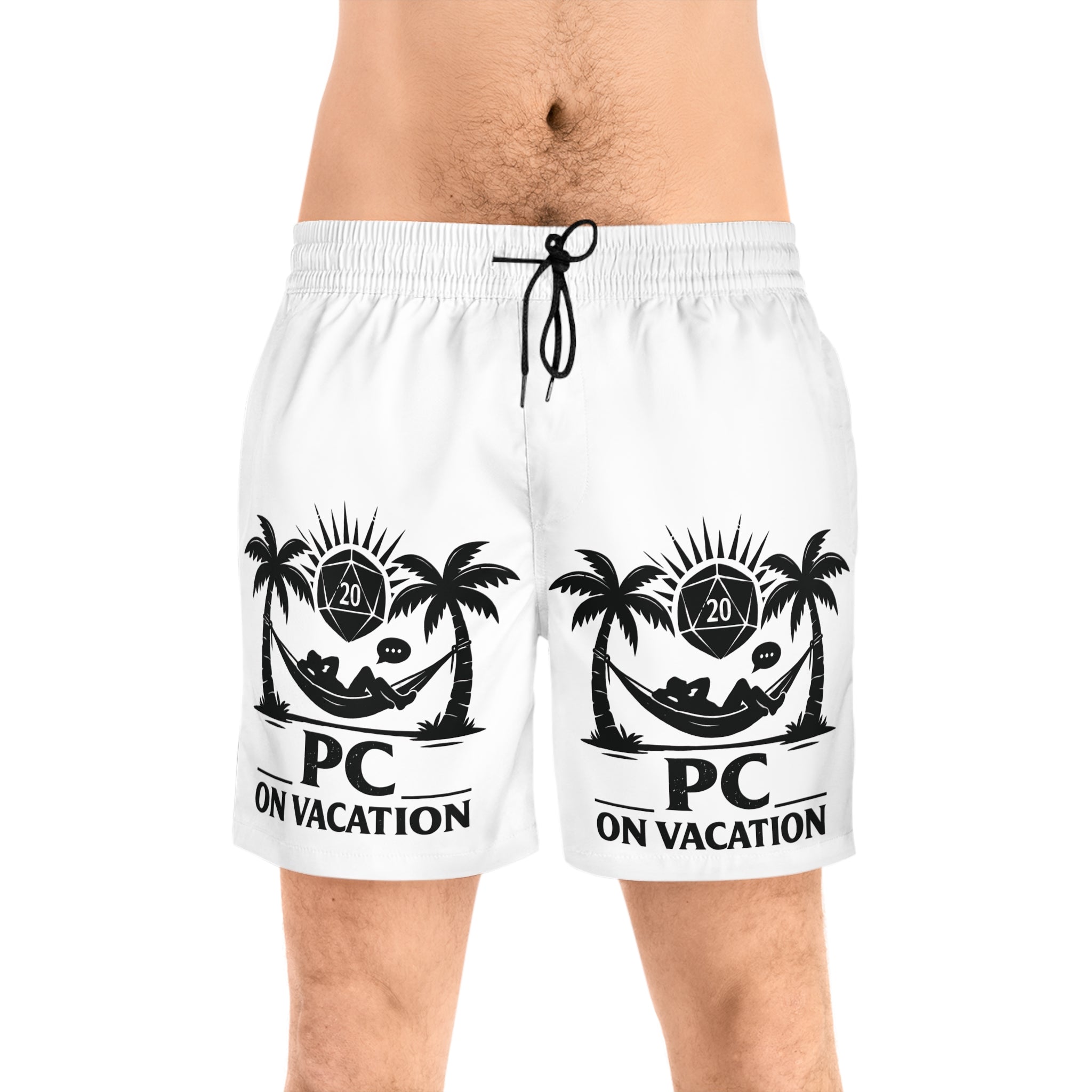 PC on Vacation Swim Shorts | Palm Trees Hammock D20 Dice Graphic