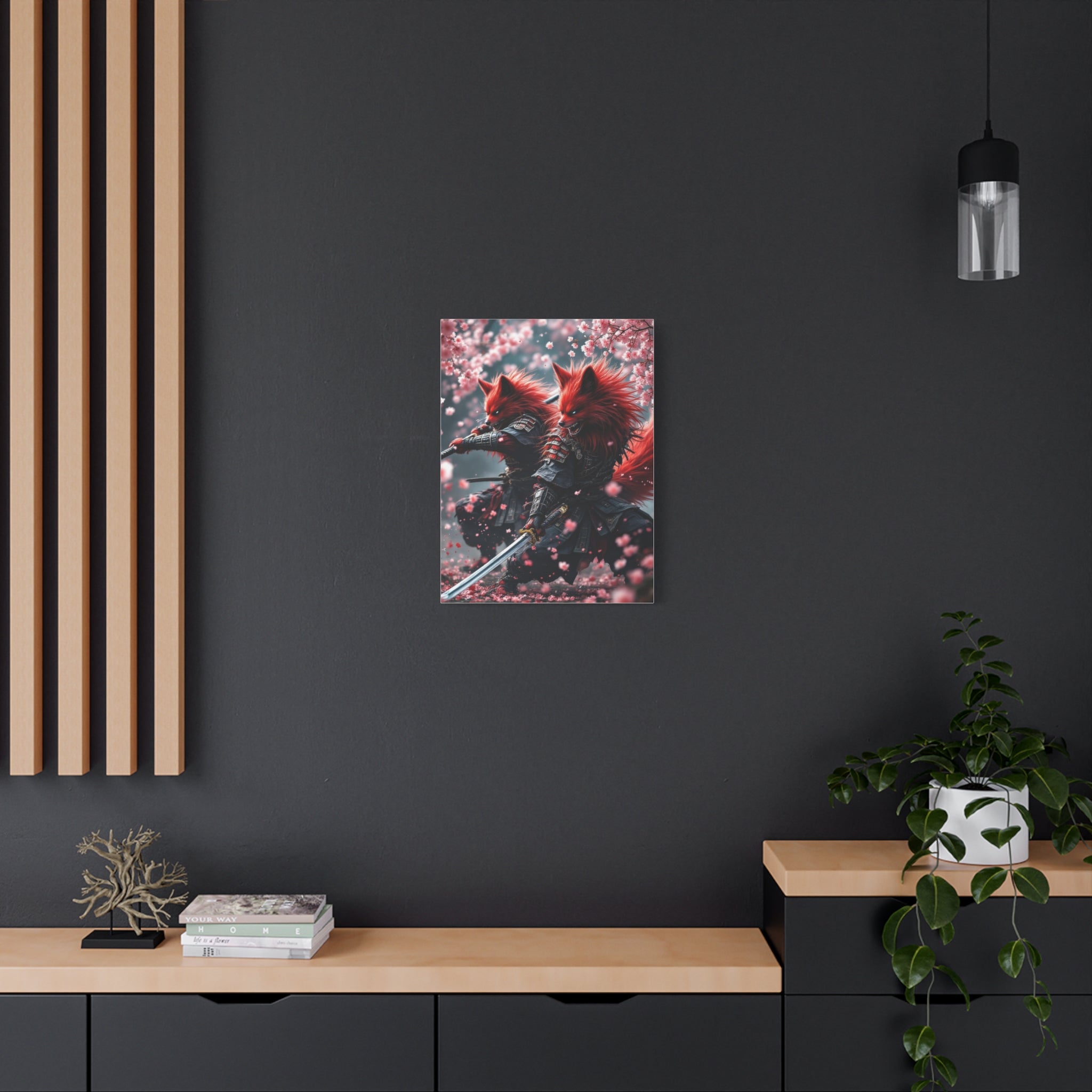 Fox Samurai Canvas Print — Red Kitsune Warriors with Cherry Blossoms