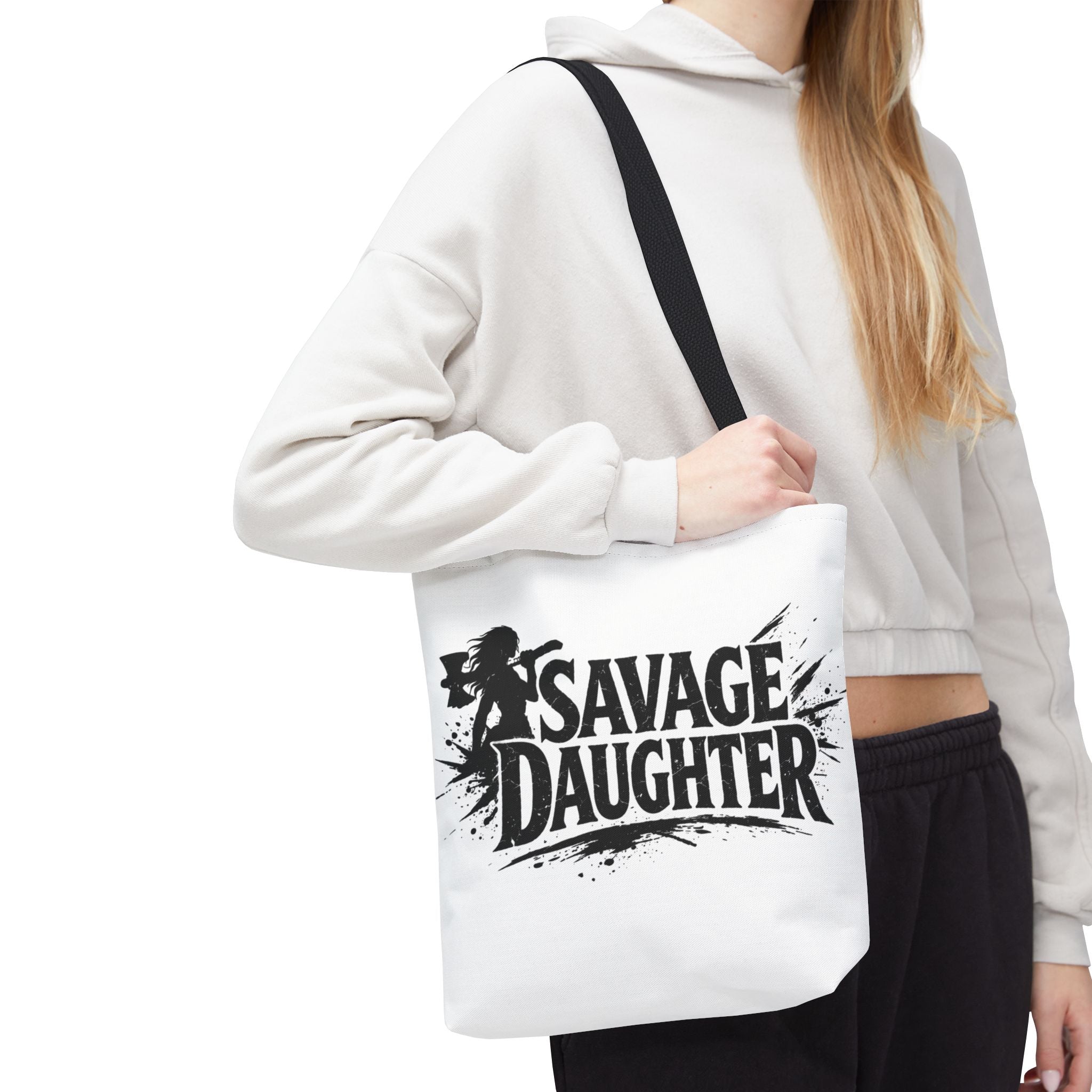 Savage Daughter Tote Bag | Black Typography, Silhouette Design