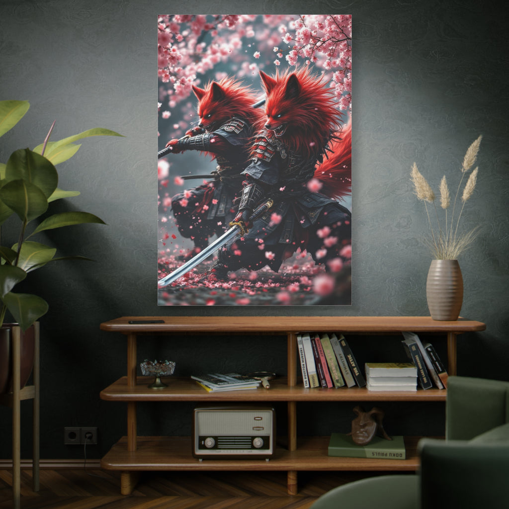 Fox Samurai Canvas Print — Red Kitsune Warriors with Cherry Blossoms