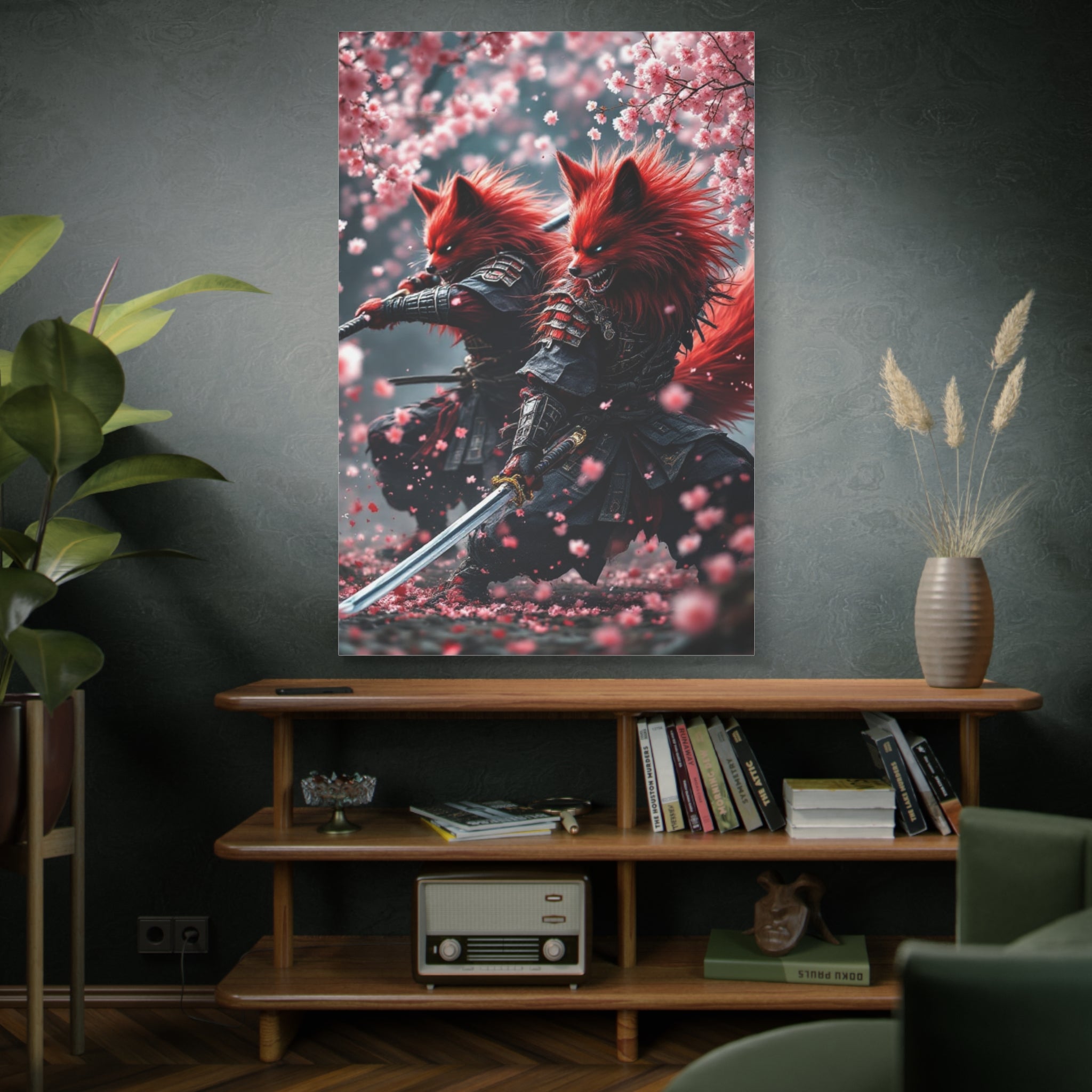 Fox Samurai Canvas Print — Red Kitsune Warriors with Cherry Blossoms