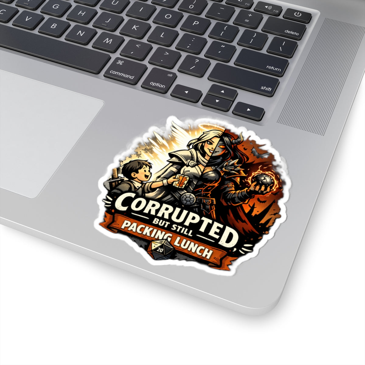 Corrupted But Still Packing Lunch Sticker | RPG Paladin vs Demon Illustration