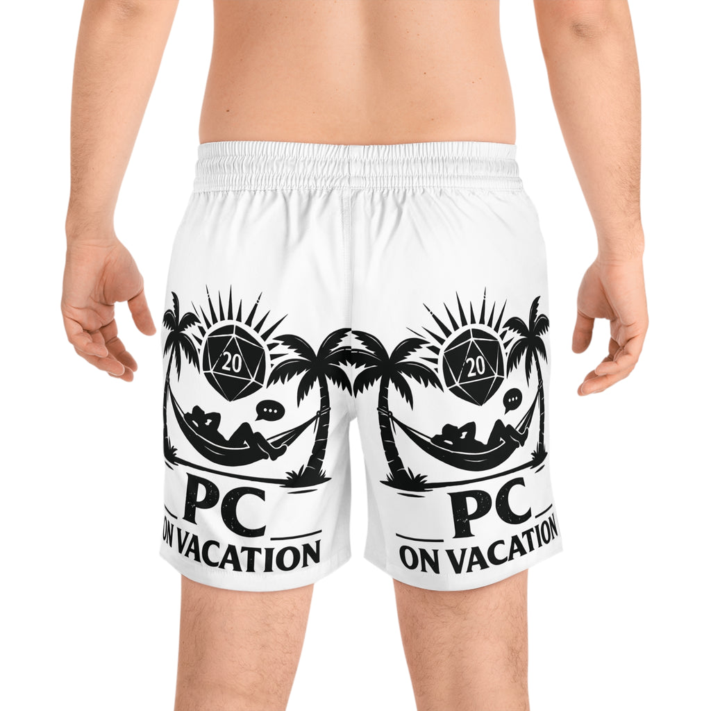 PC on Vacation Swim Shorts | Palm Trees Hammock D20 Dice Graphic