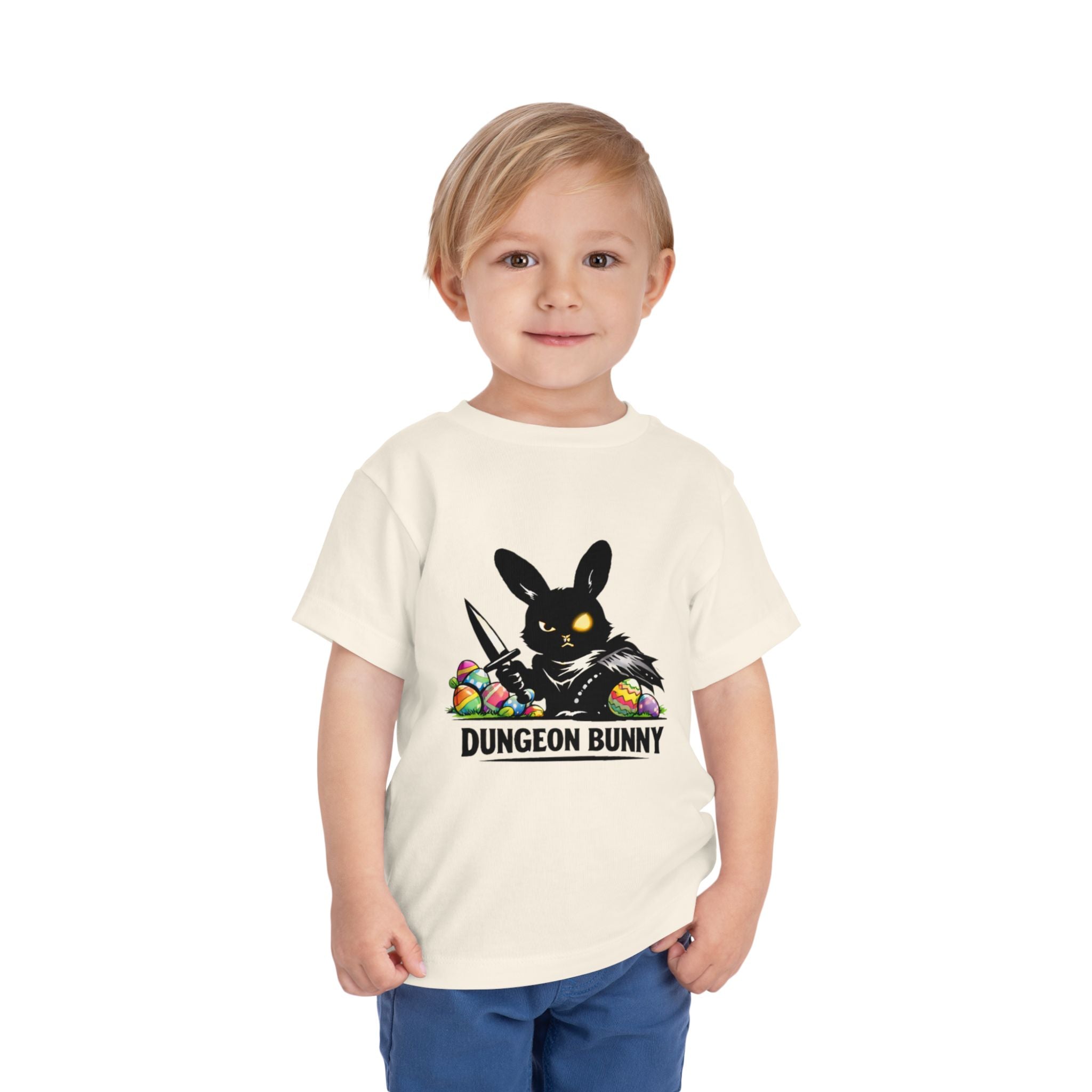 Dungeon Bunny Toddler Tee | Cute Black Bunny with Sword and Eggs