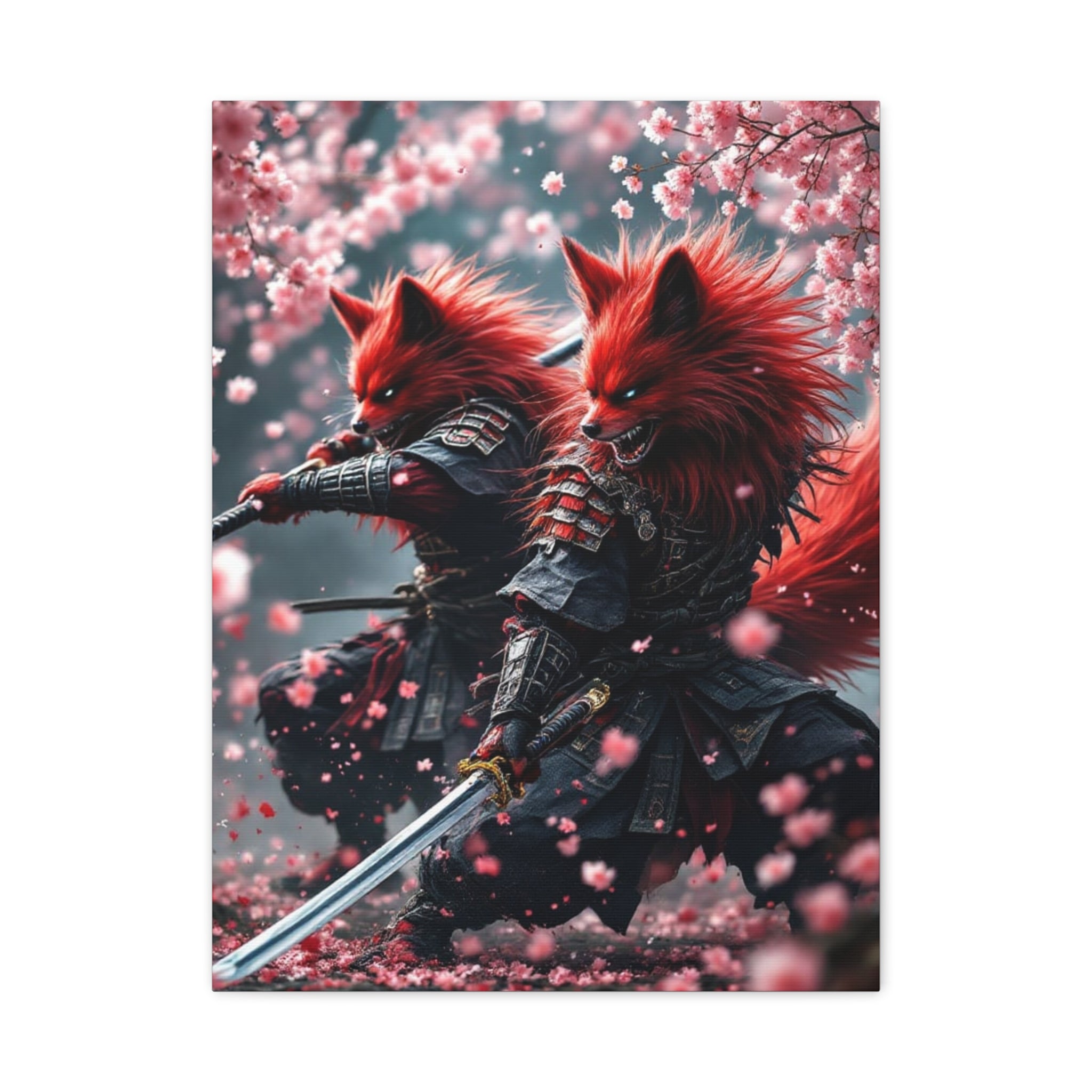 Fox Samurai Canvas Print — Red Kitsune Warriors with Cherry Blossoms