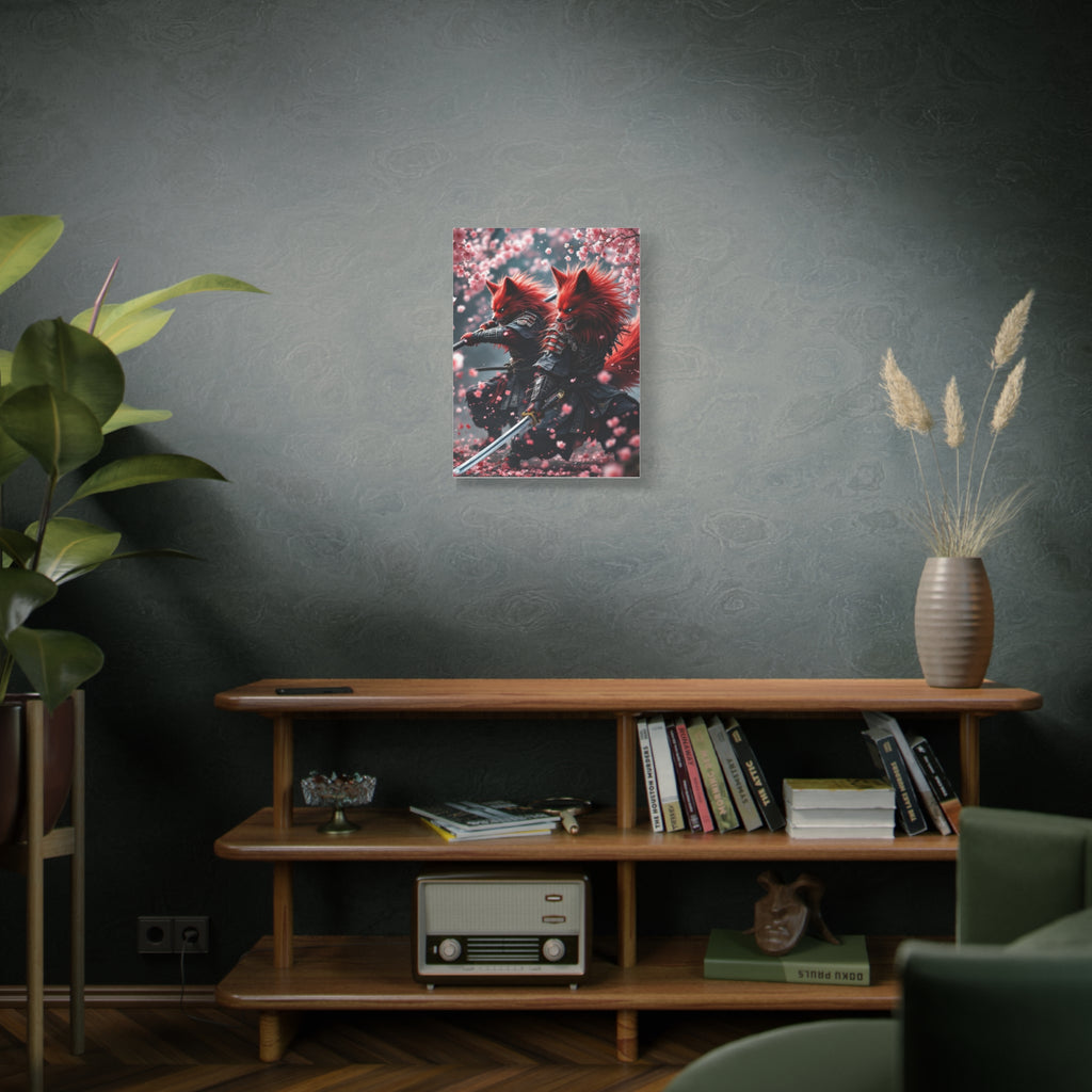 Fox Samurai Canvas Print — Red Kitsune Warriors with Cherry Blossoms