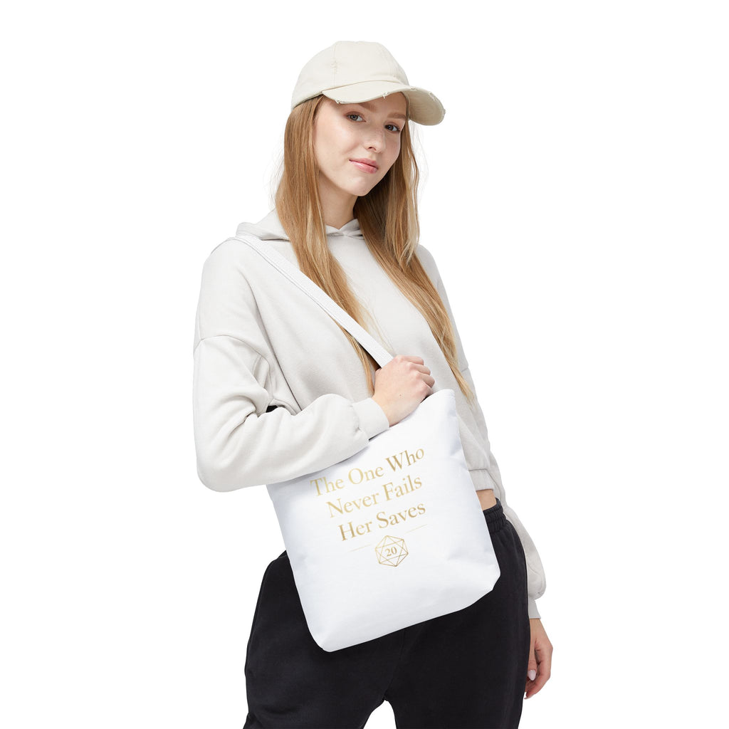 The One Who Never Fails Her Saves tote bag | RPG D20 tabletop gamer design